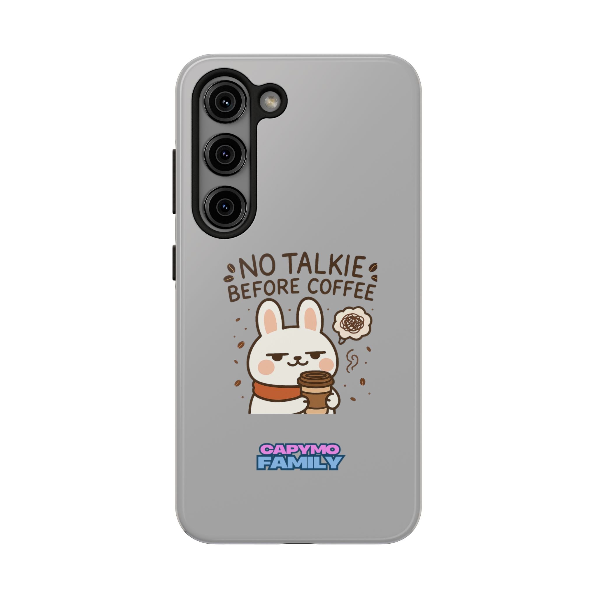 Capymo Family “No Talkie Before Coffee” Phone Case – Grumpy Bunny Morning Mood