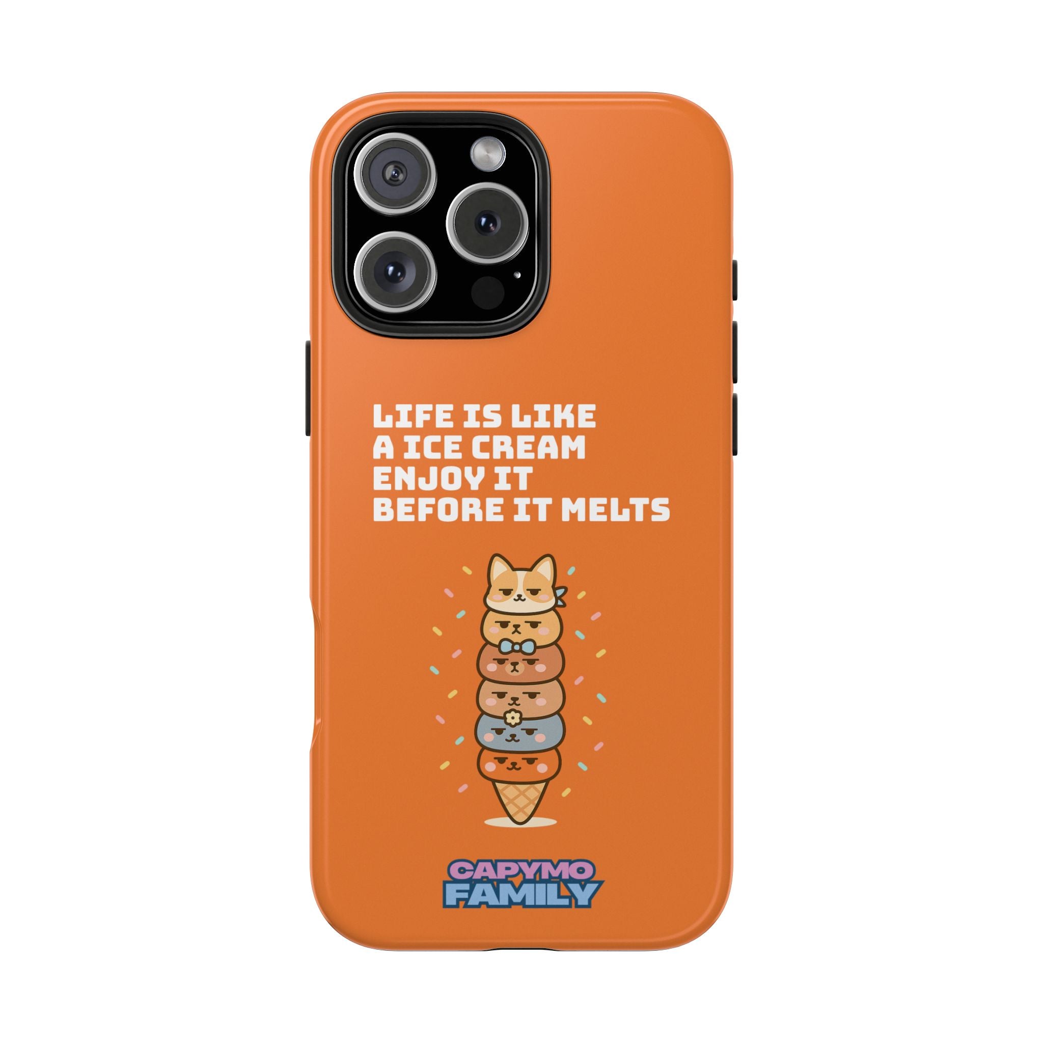 Capymo Family Ice Cream Cat Quote Phone Case – Cute Orange iPhone Cover with Motivational Saying