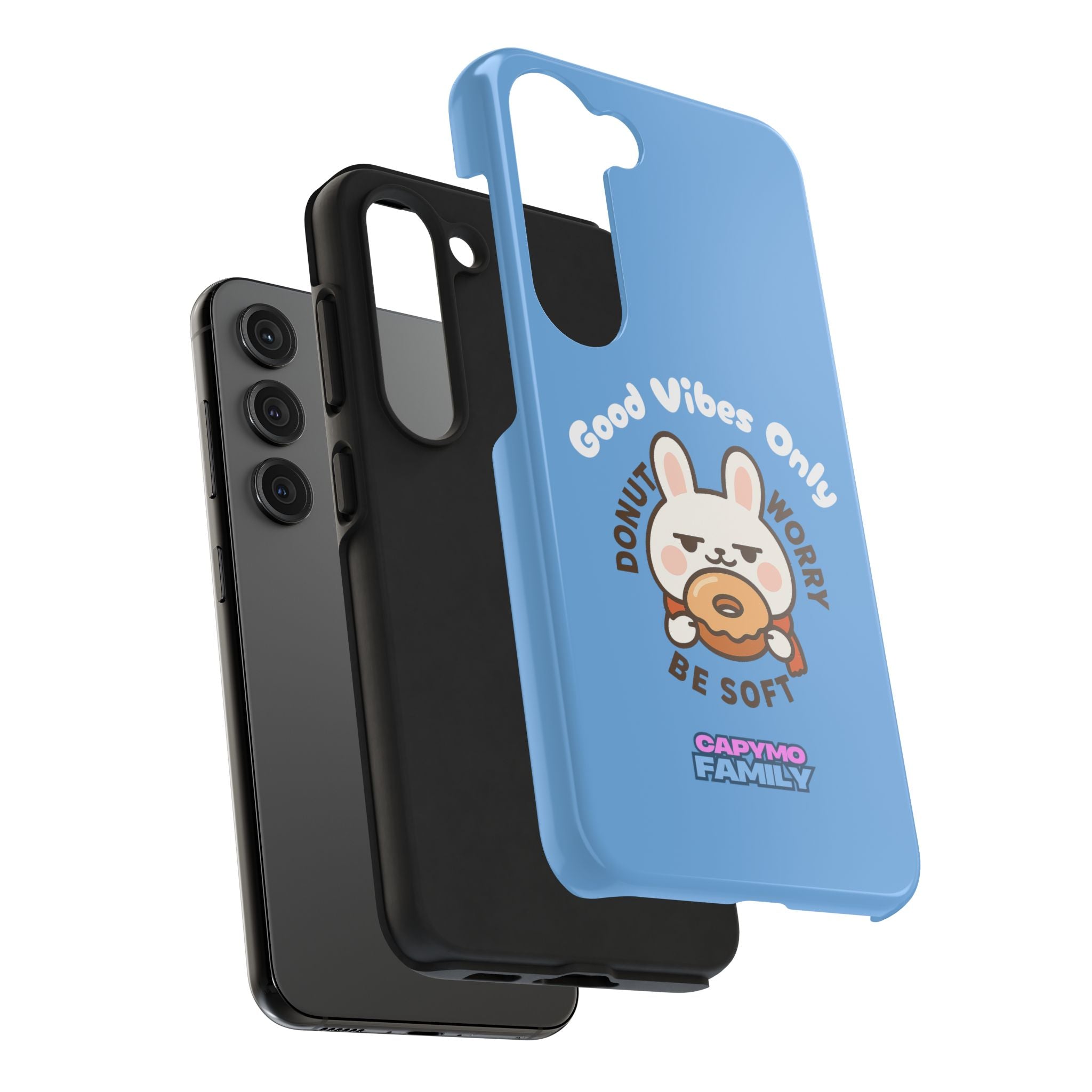 Capymo Family “Donut Worry, Be Soft” Phone Case – Cute Bunny & Donut Positive Vibes Cover