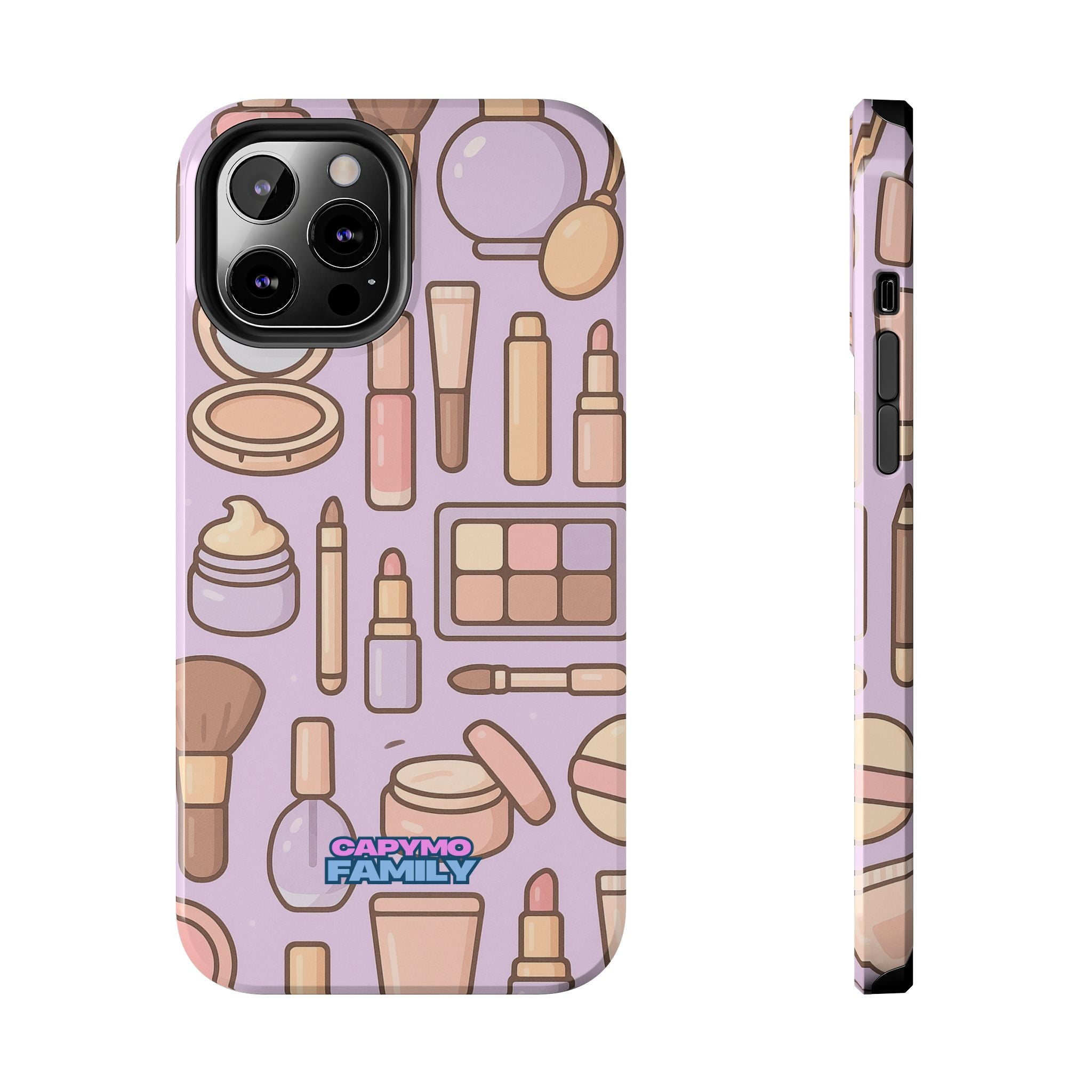 Capymo Family Kawaii Makeup Phone Case – Cute Girly iPhone Cover with Cosmetic Beauty Pattern