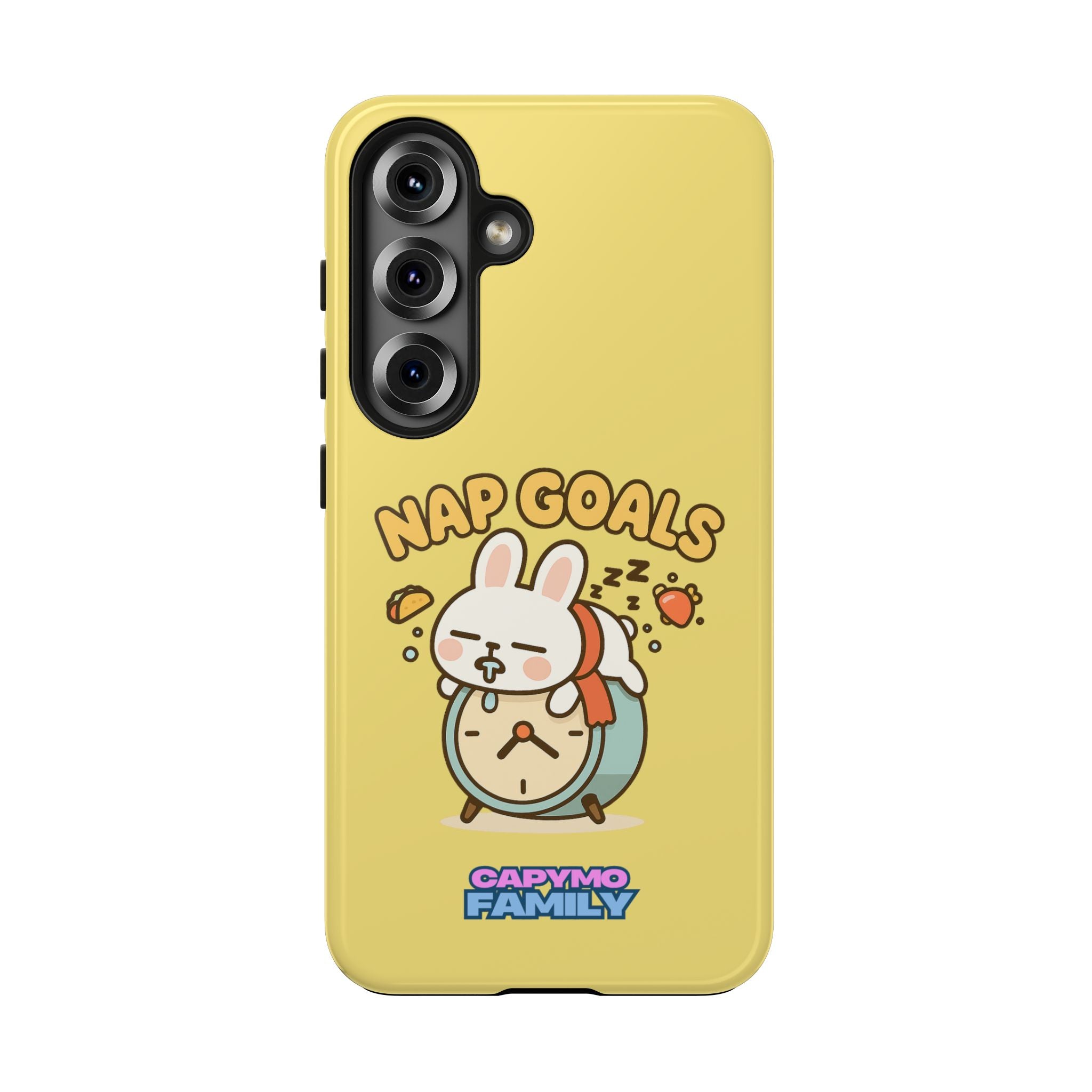 Capymo Family “Nap Goals” Phone Case – Cute Bunny Toto Sleeping on Alarm Clock Cover