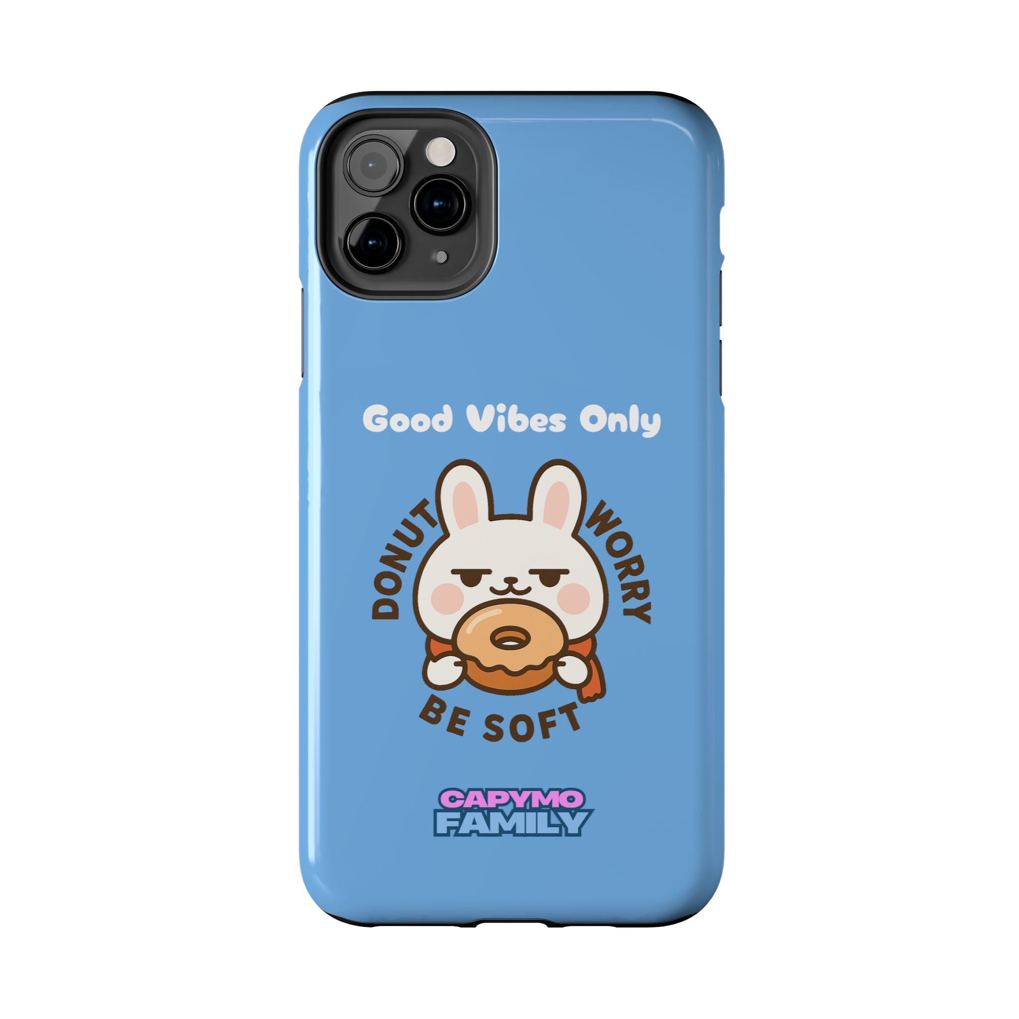 Capymo Family “Donut Worry, Be Soft” Phone Case – Cute Bunny & Donut Positive Vibes Cover