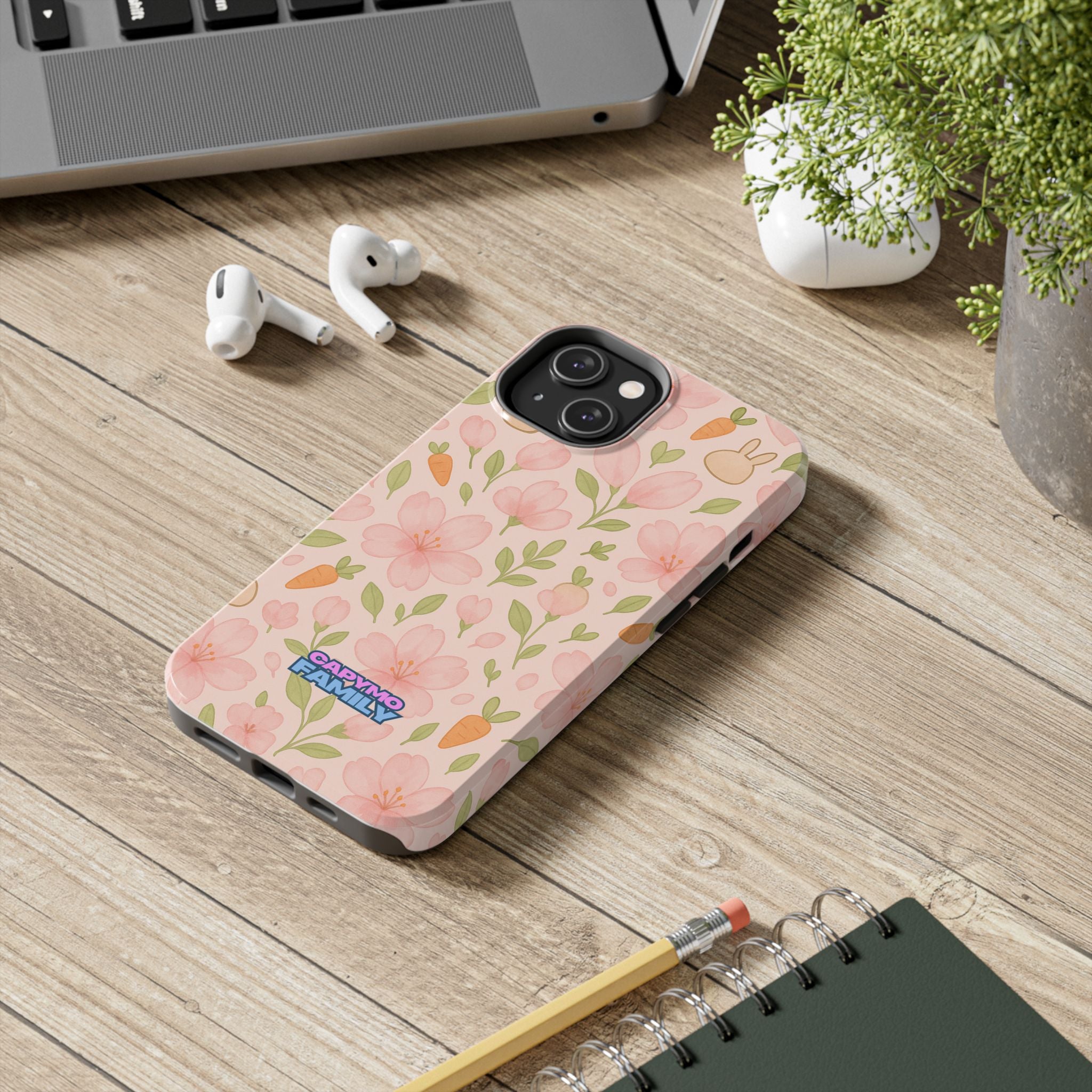 Capymo Family Bunny Blossom Spring Phone Case – Cute Floral iPhone Cover with Carrots & Sakura