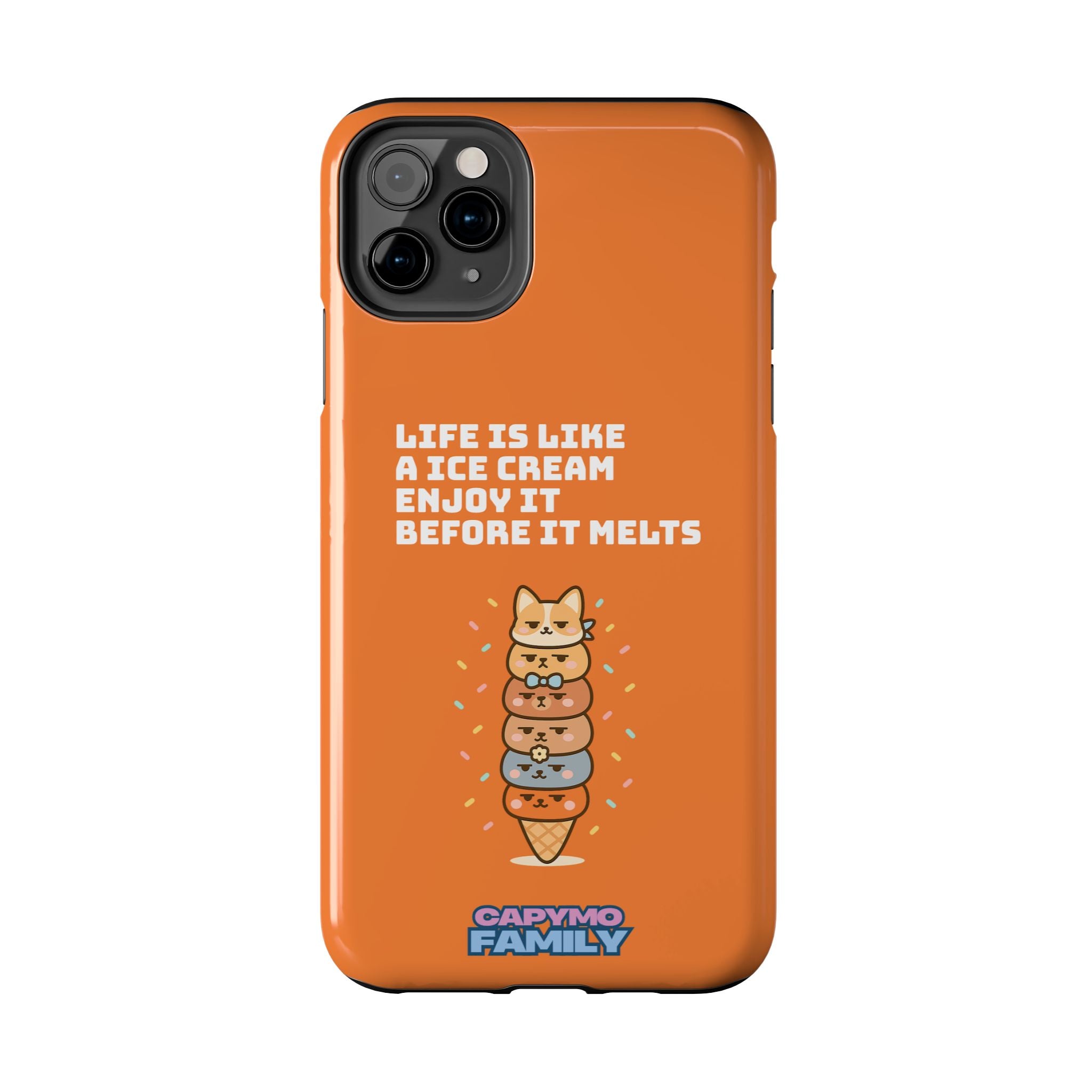 Capymo Family Ice Cream Cat Quote Phone Case – Cute Orange iPhone Cover with Motivational Saying