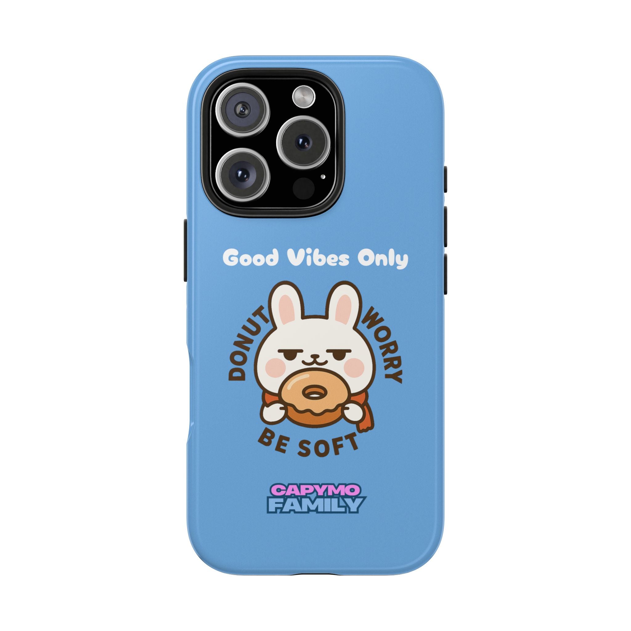 Capymo Family “Donut Worry, Be Soft” Phone Case – Cute Bunny & Donut Positive Vibes Cover