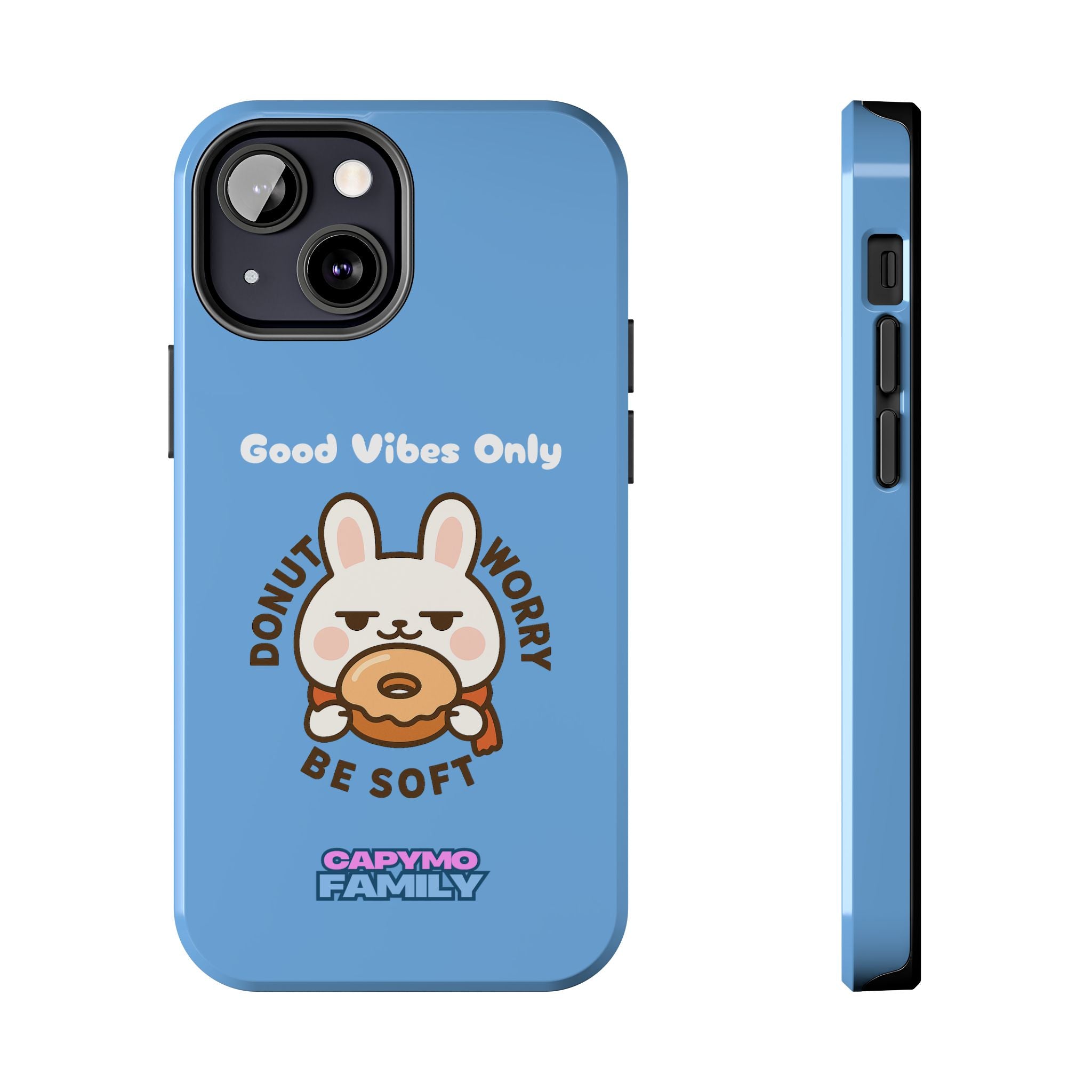 Capymo Family “Donut Worry, Be Soft” Phone Case – Cute Bunny & Donut Positive Vibes Cover