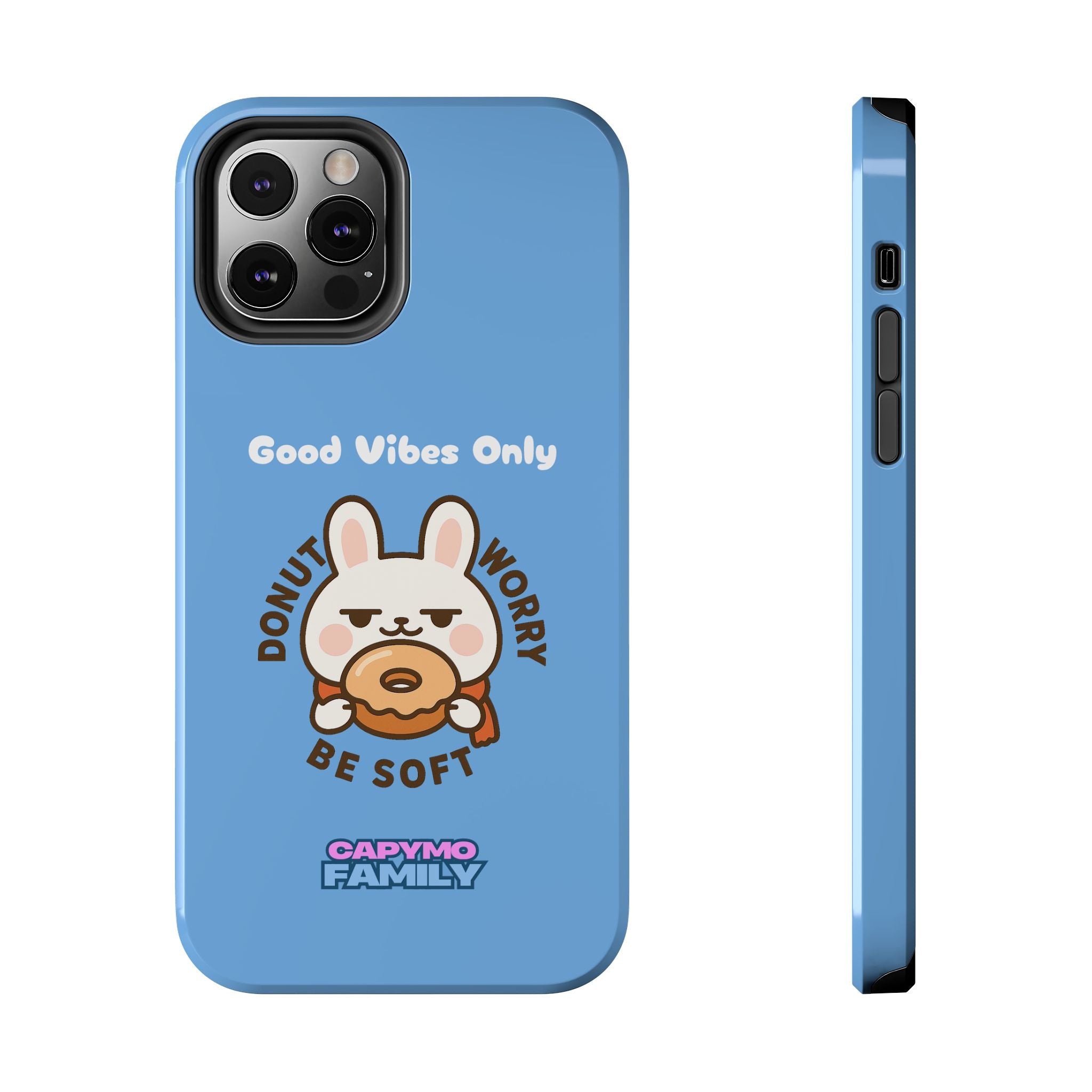Capymo Family “Donut Worry, Be Soft” Phone Case – Cute Bunny & Donut Positive Vibes Cover