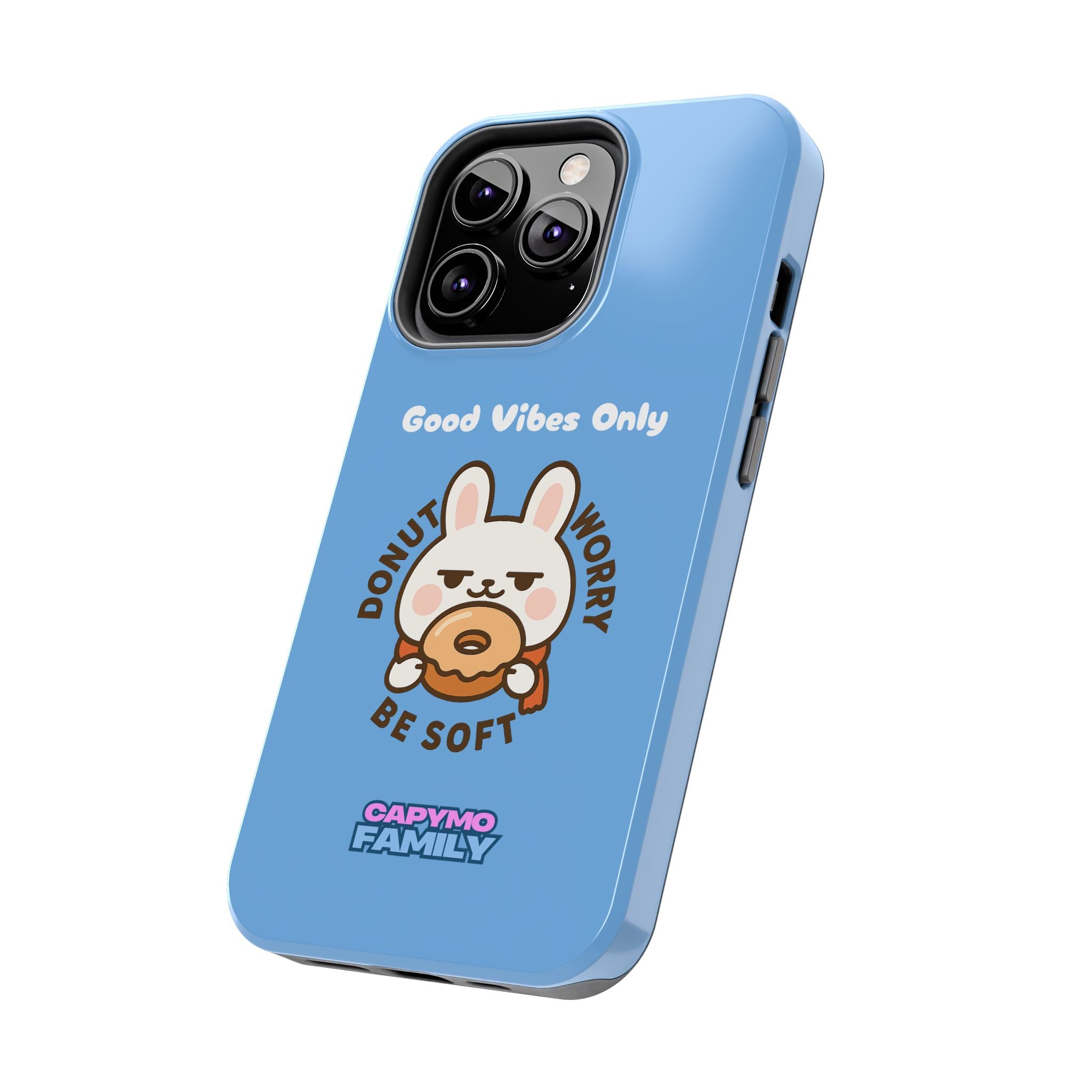 Capymo Family “Donut Worry, Be Soft” Phone Case – Cute Bunny & Donut Positive Vibes Cover