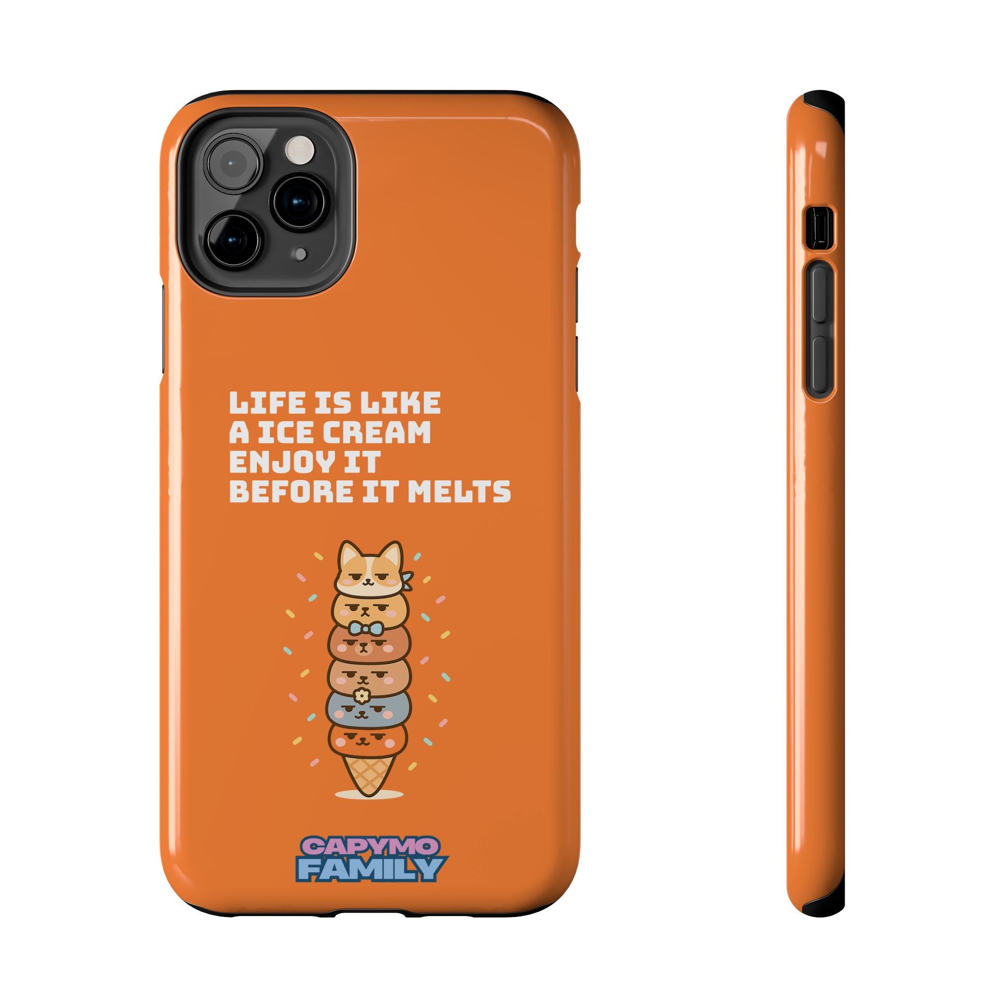 Capymo Family Ice Cream Cat Quote Phone Case – Cute Orange iPhone Cover with Motivational Saying