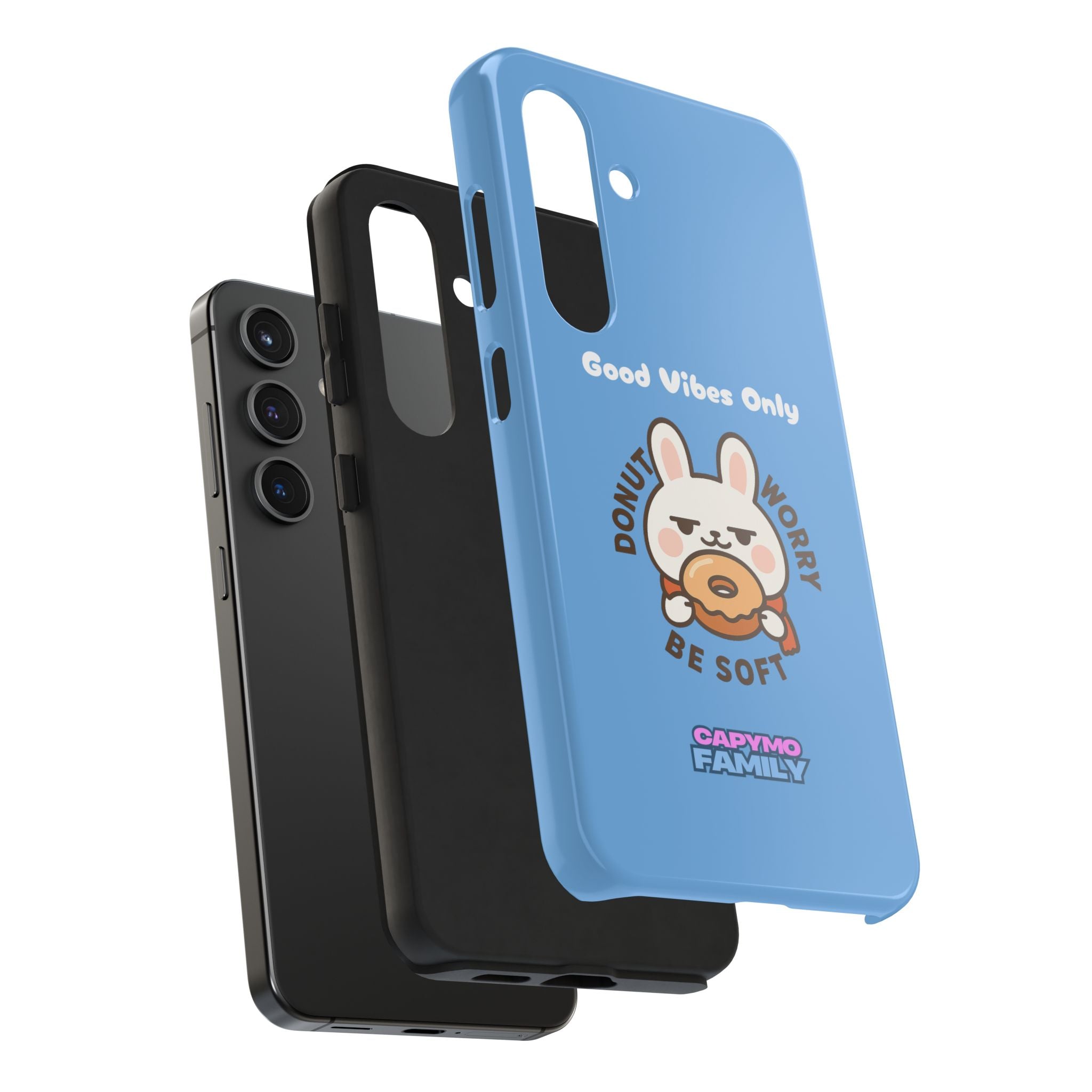 Capymo Family “Donut Worry, Be Soft” Phone Case – Cute Bunny & Donut Positive Vibes Cover