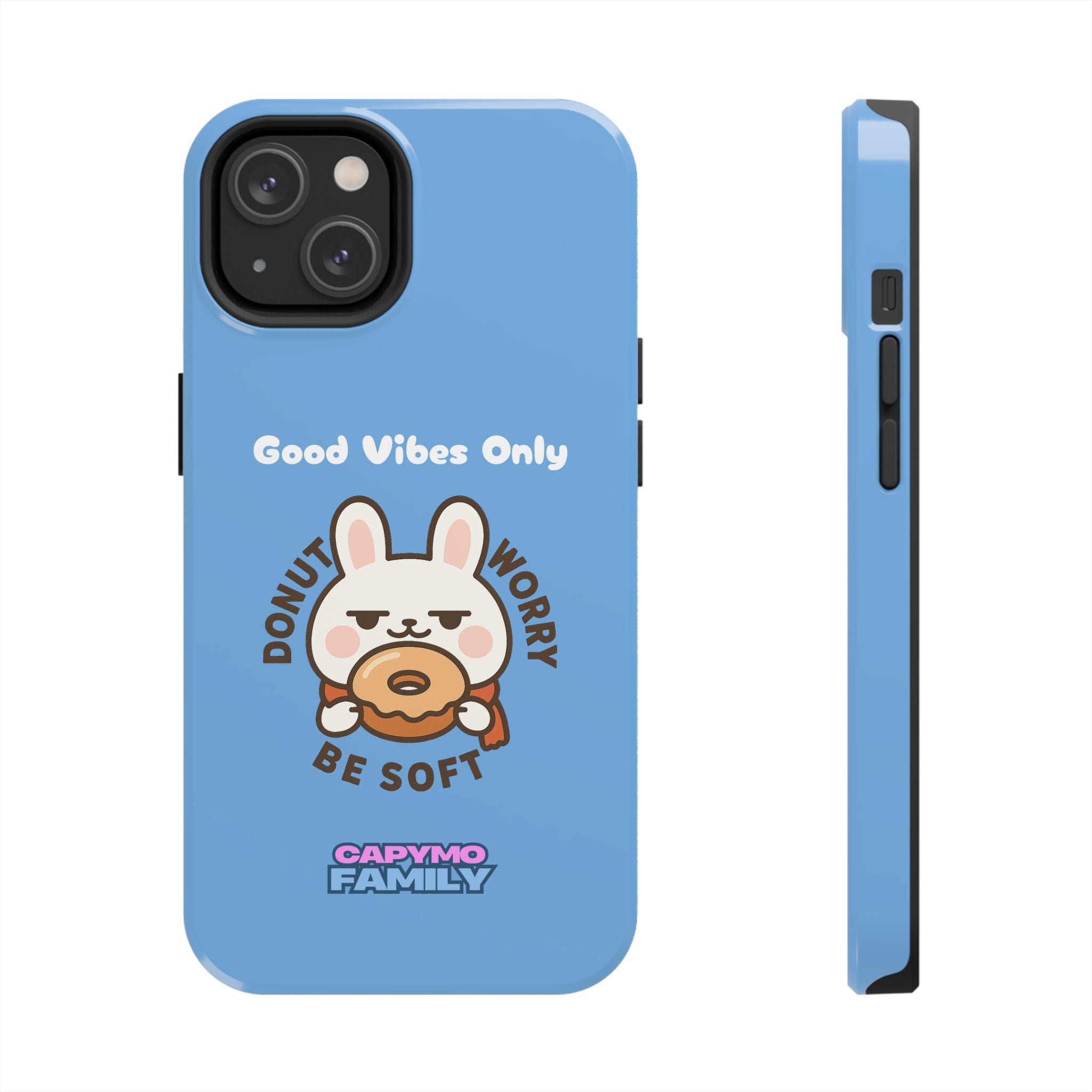 Capymo Family “Donut Worry, Be Soft” Phone Case – Cute Bunny & Donut Positive Vibes Cover