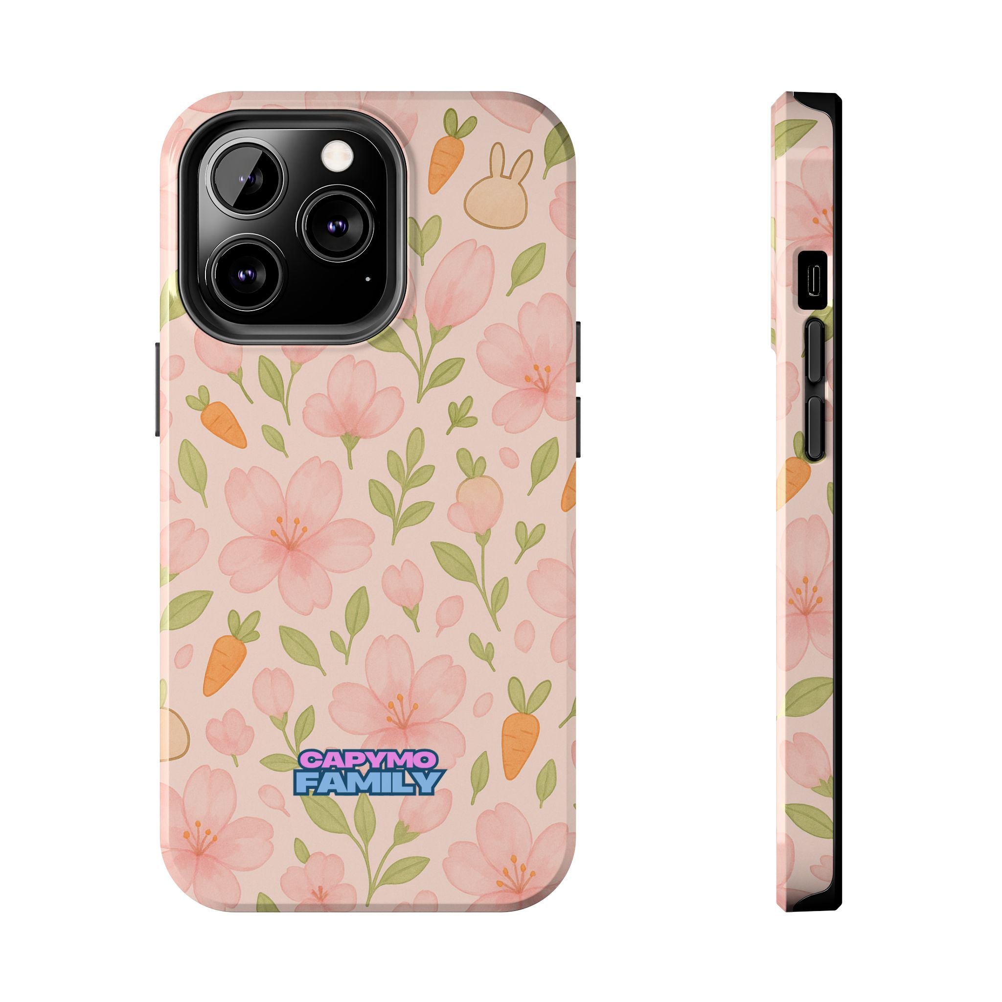 Capymo Family Bunny Blossom Spring Phone Case – Cute Floral iPhone Cover with Carrots & Sakura