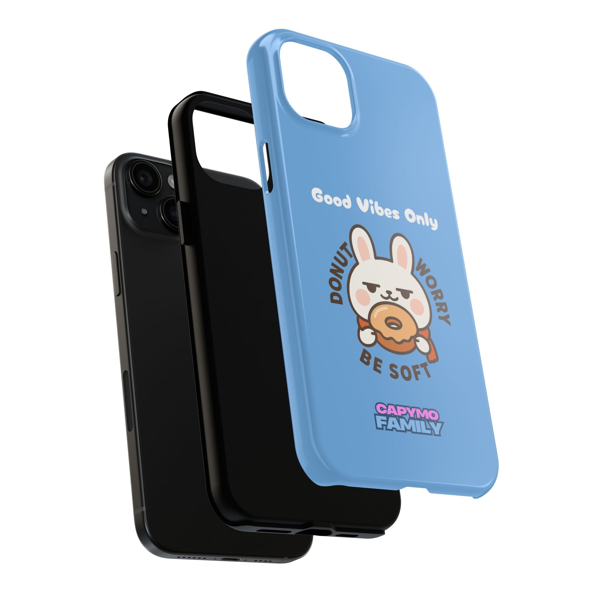 Capymo Family “Donut Worry, Be Soft” Phone Case – Cute Bunny & Donut Positive Vibes Cover