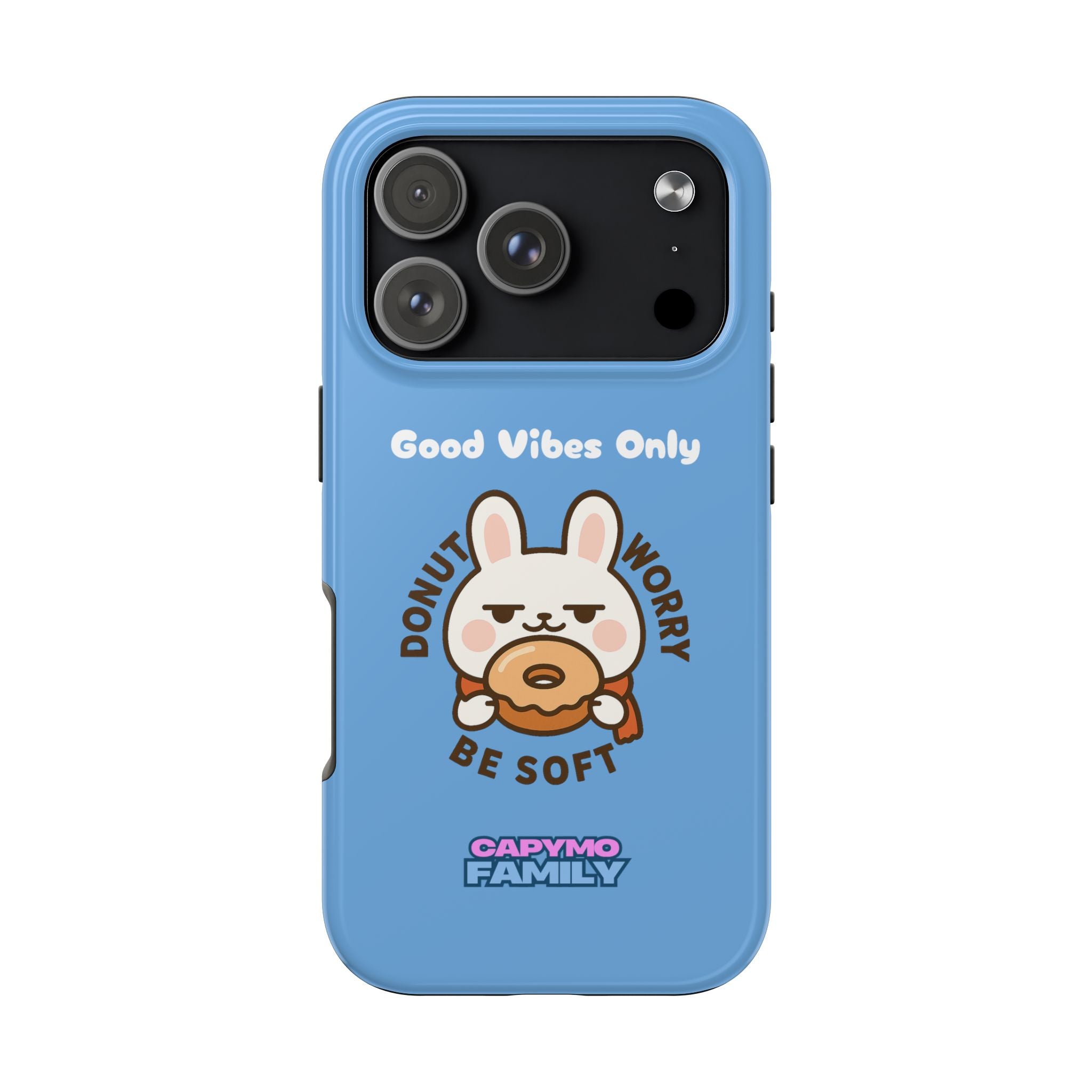 Capymo Family “Donut Worry, Be Soft” Phone Case – Cute Bunny & Donut Positive Vibes Cover