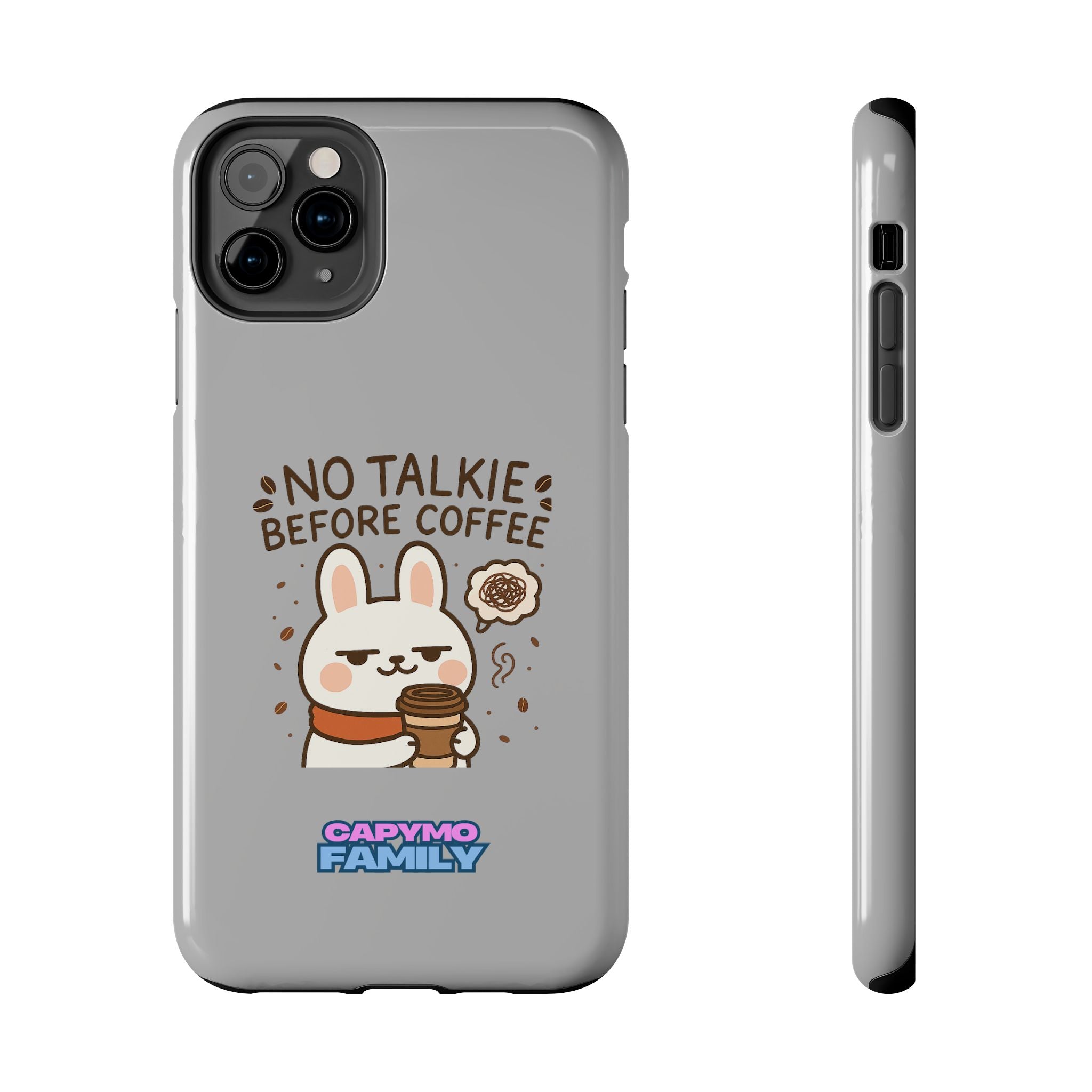 Capymo Family “No Talkie Before Coffee” Phone Case – Grumpy Bunny Morning Mood