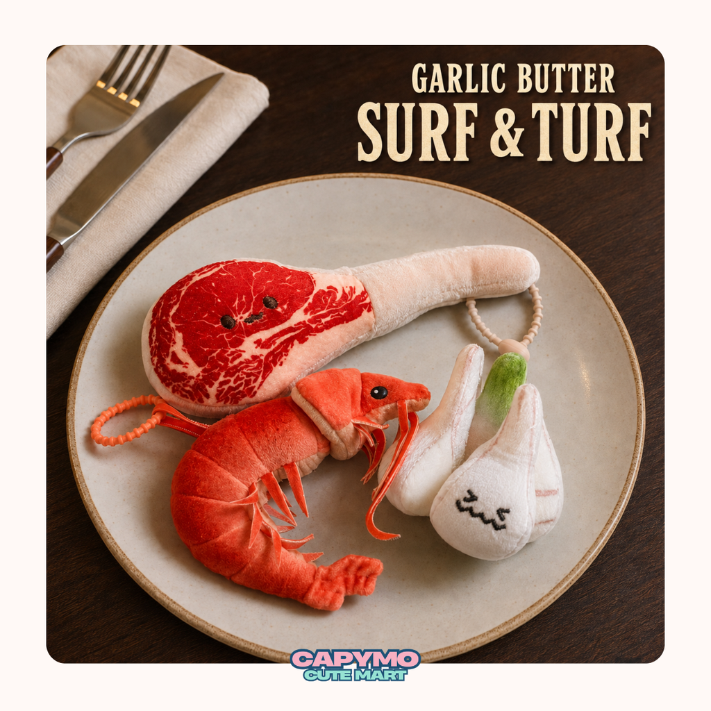 Garlic Butter Surf & Turf Plush Trio – Steak, Shrimp & Garlic Set