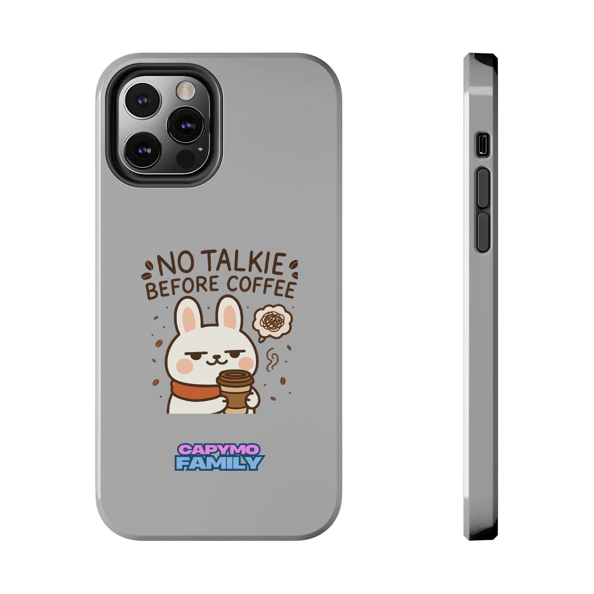 Capymo Family “No Talkie Before Coffee” Phone Case – Grumpy Bunny Morning Mood