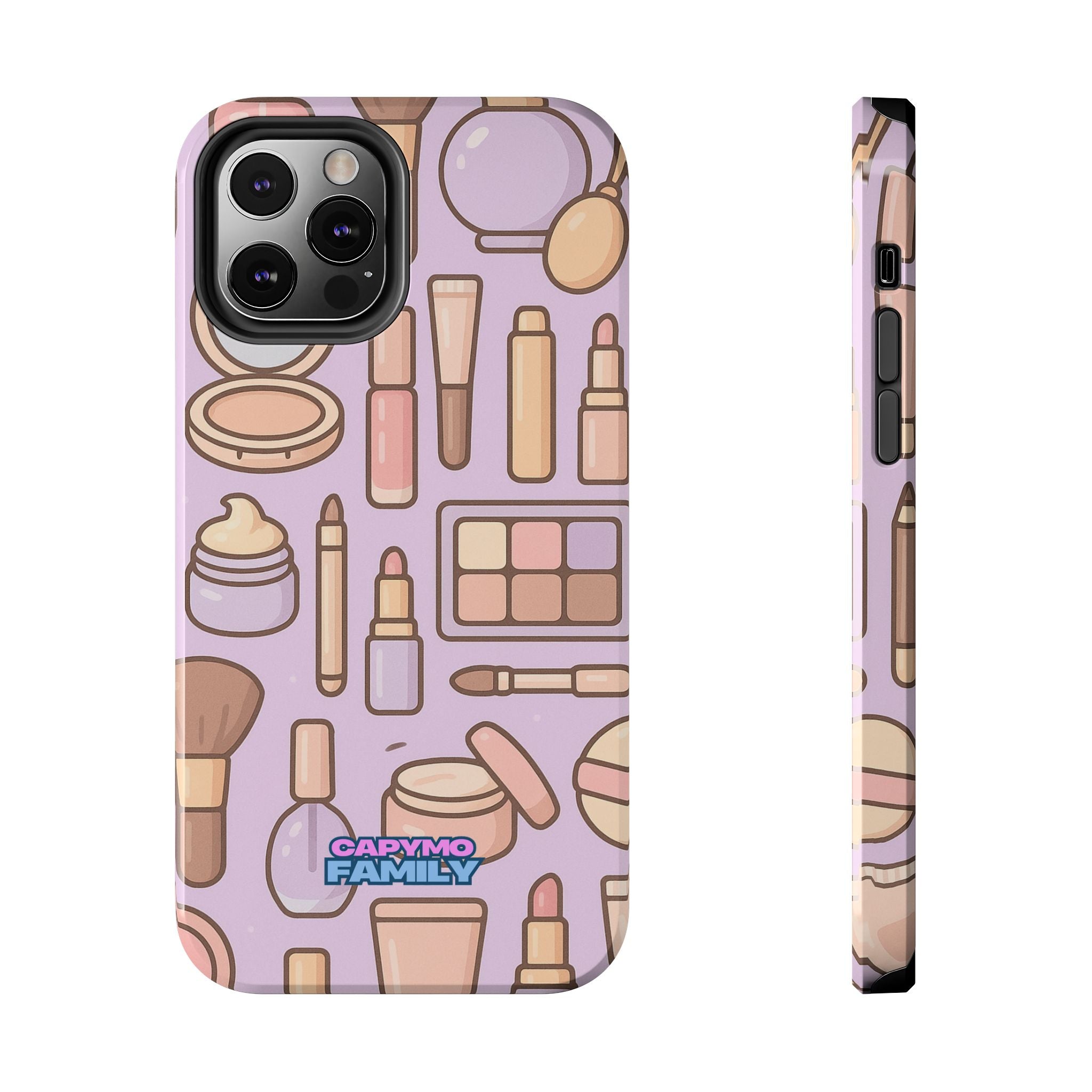 Capymo Family Kawaii Makeup Phone Case – Cute Girly iPhone Cover with Cosmetic Beauty Pattern