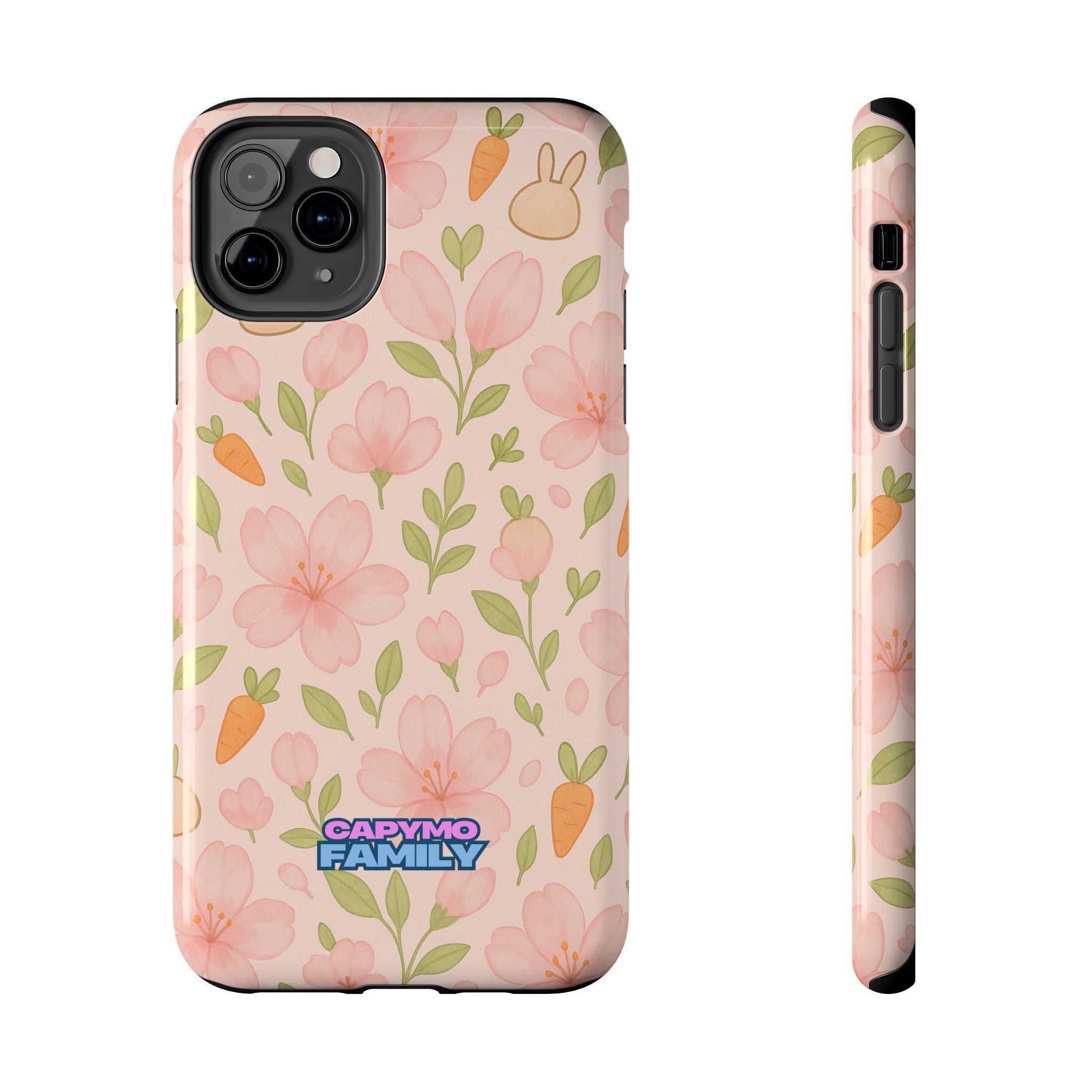 Capymo Family Bunny Blossom Spring Phone Case – Cute Floral iPhone Cover with Carrots & Sakura