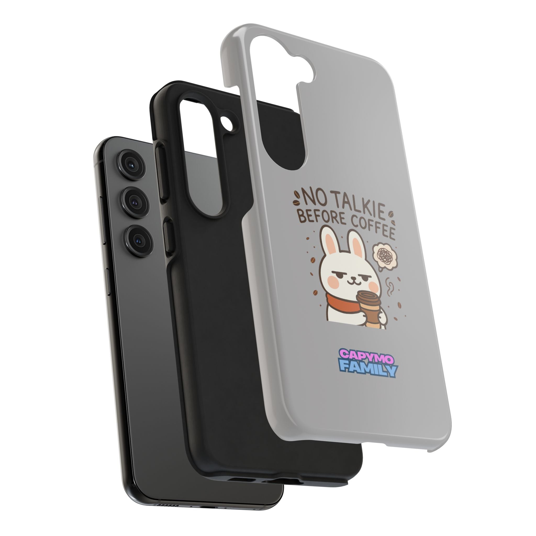 Capymo Family “No Talkie Before Coffee” Phone Case – Grumpy Bunny Morning Mood