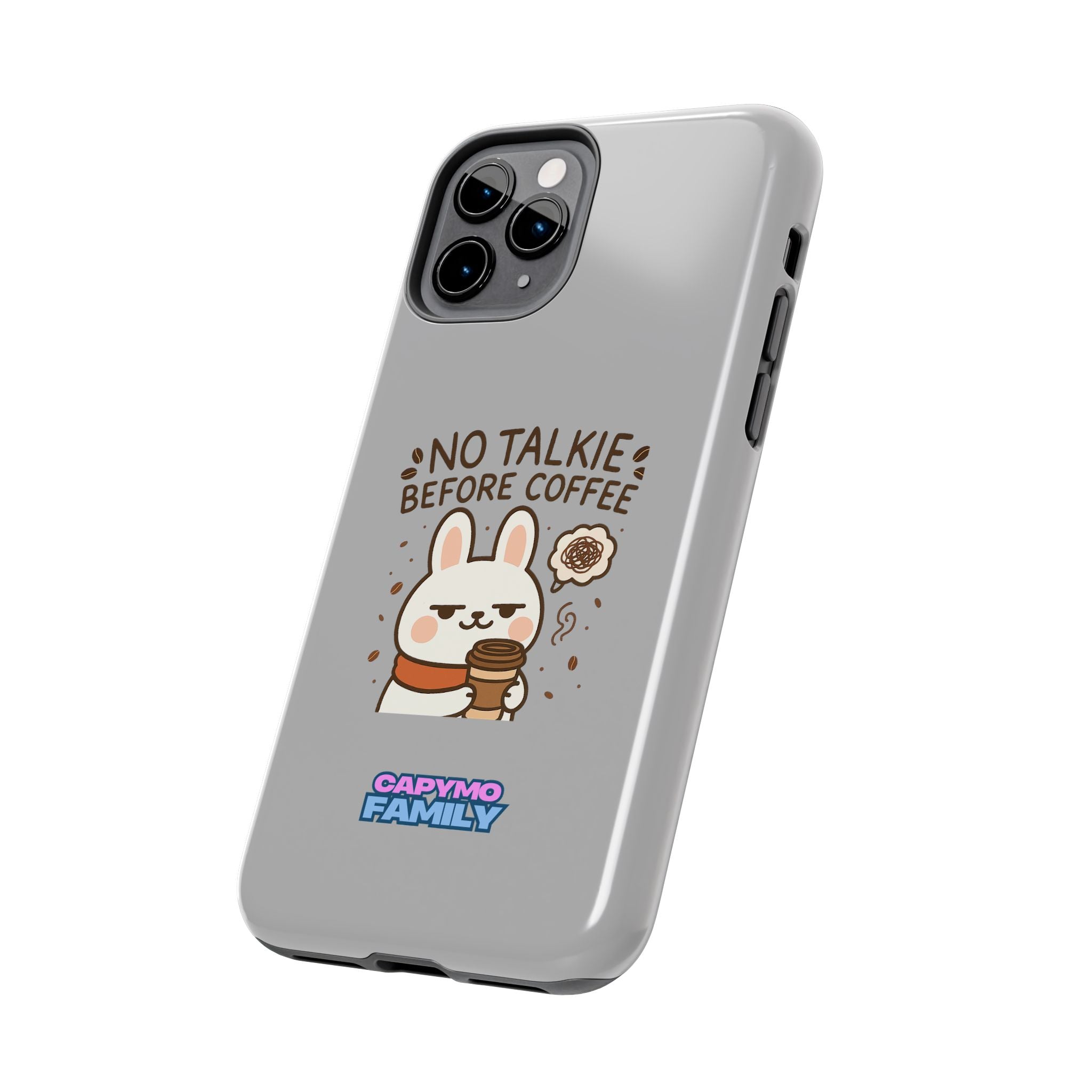 Capymo Family “No Talkie Before Coffee” Phone Case – Grumpy Bunny Morning Mood