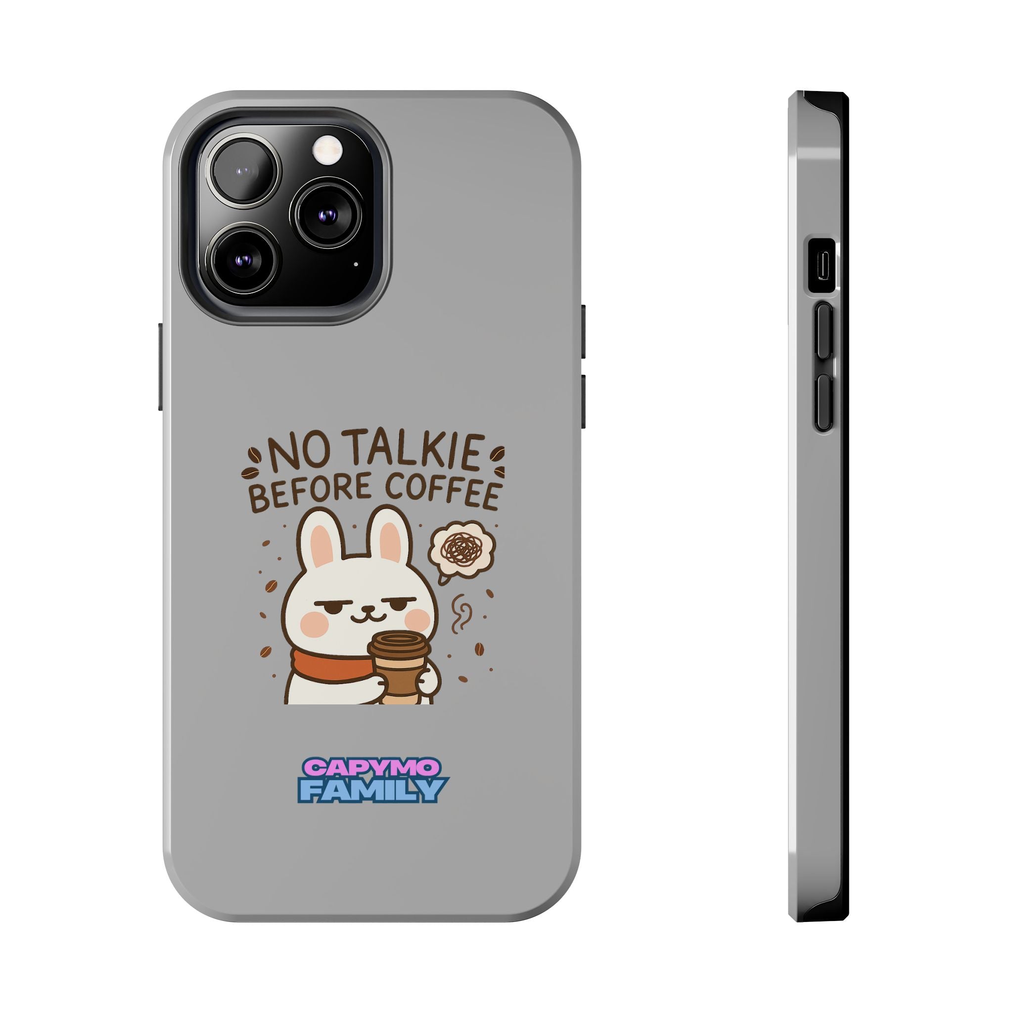 Capymo Family “No Talkie Before Coffee” Phone Case – Grumpy Bunny Morning Mood