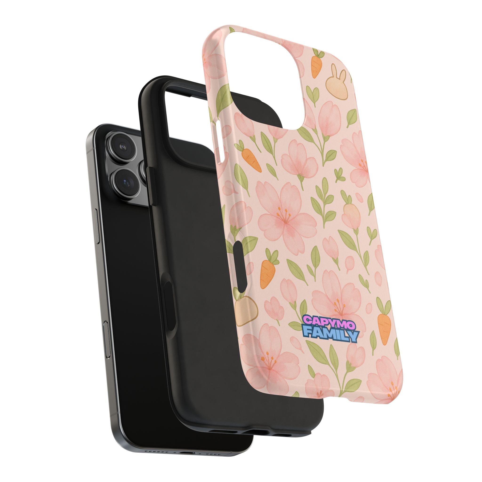 Capymo Family Bunny Blossom Spring Phone Case – Cute Floral iPhone Cover with Carrots & Sakura