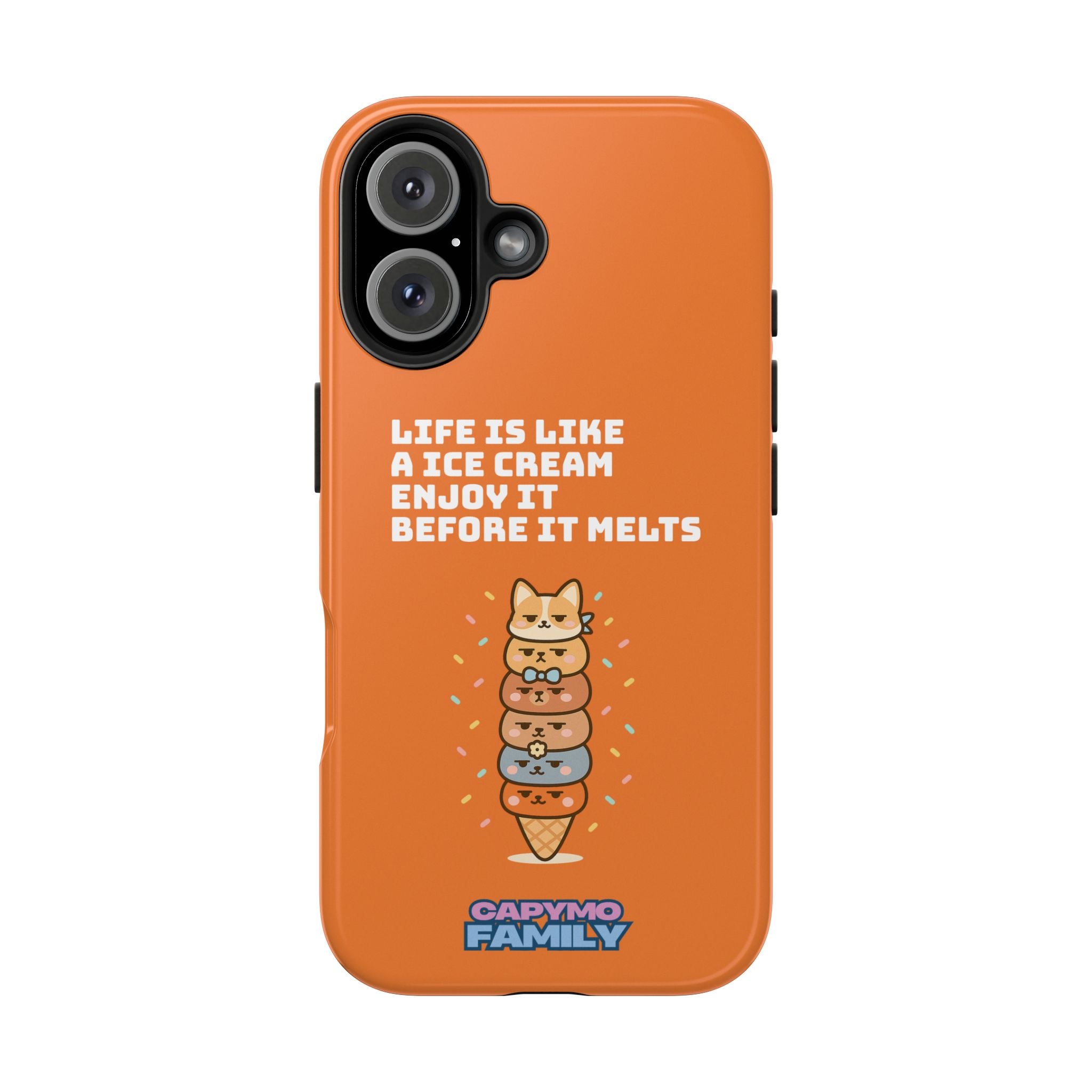 Capymo Family Ice Cream Cat Quote Phone Case – Cute Orange iPhone Cover with Motivational Saying