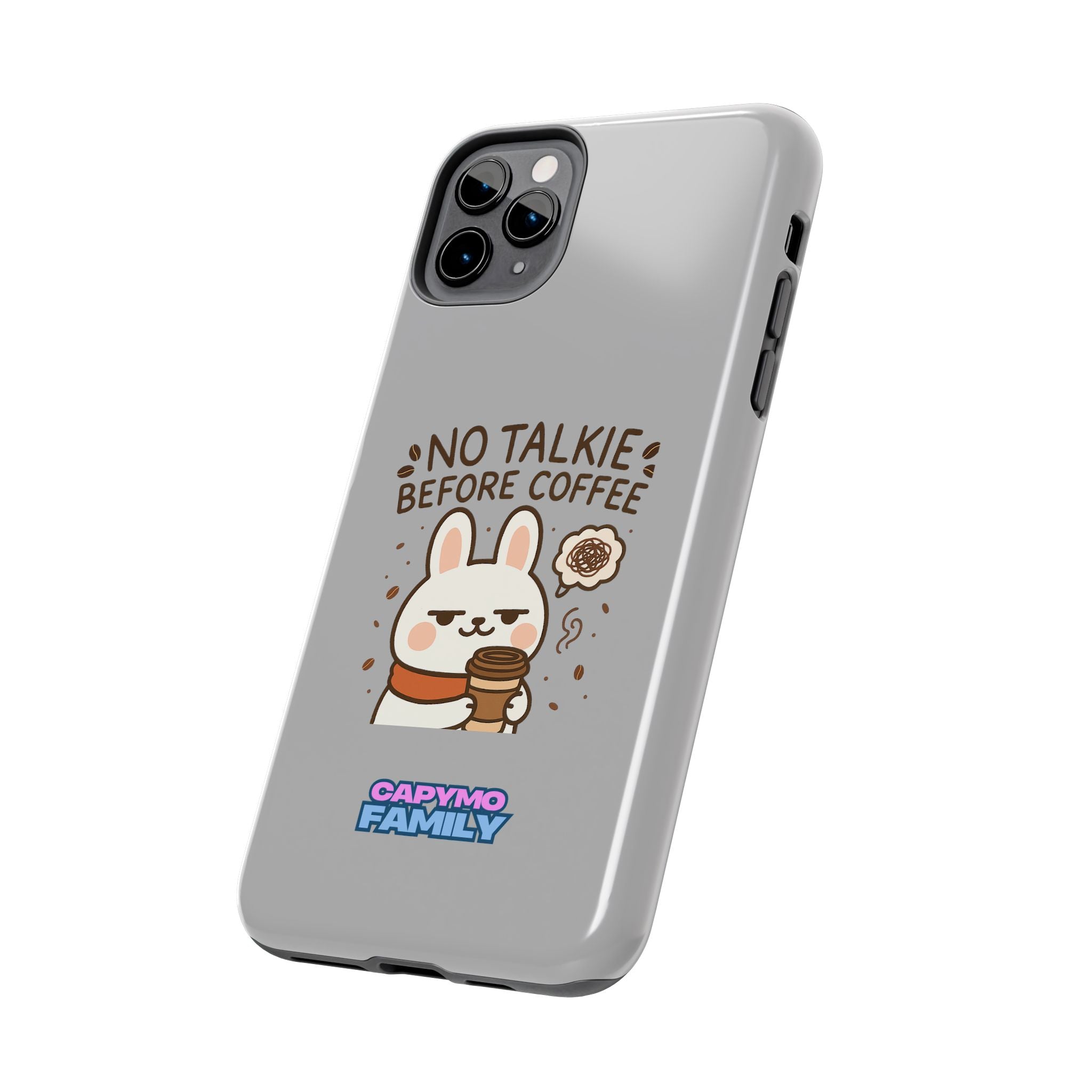 Capymo Family “No Talkie Before Coffee” Phone Case – Grumpy Bunny Morning Mood