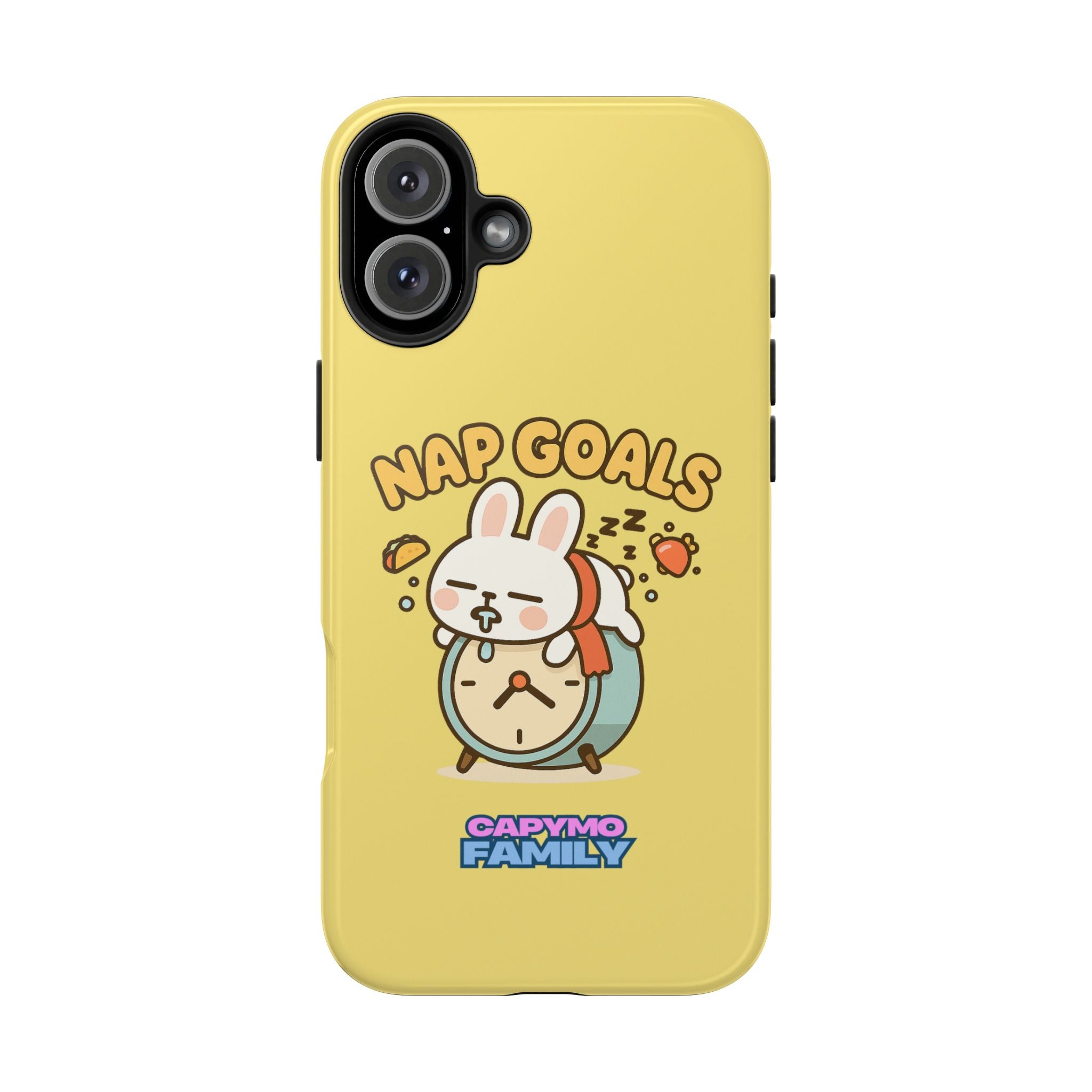 Capymo Family “Nap Goals” Phone Case – Cute Bunny Toto Sleeping on Alarm Clock Cover