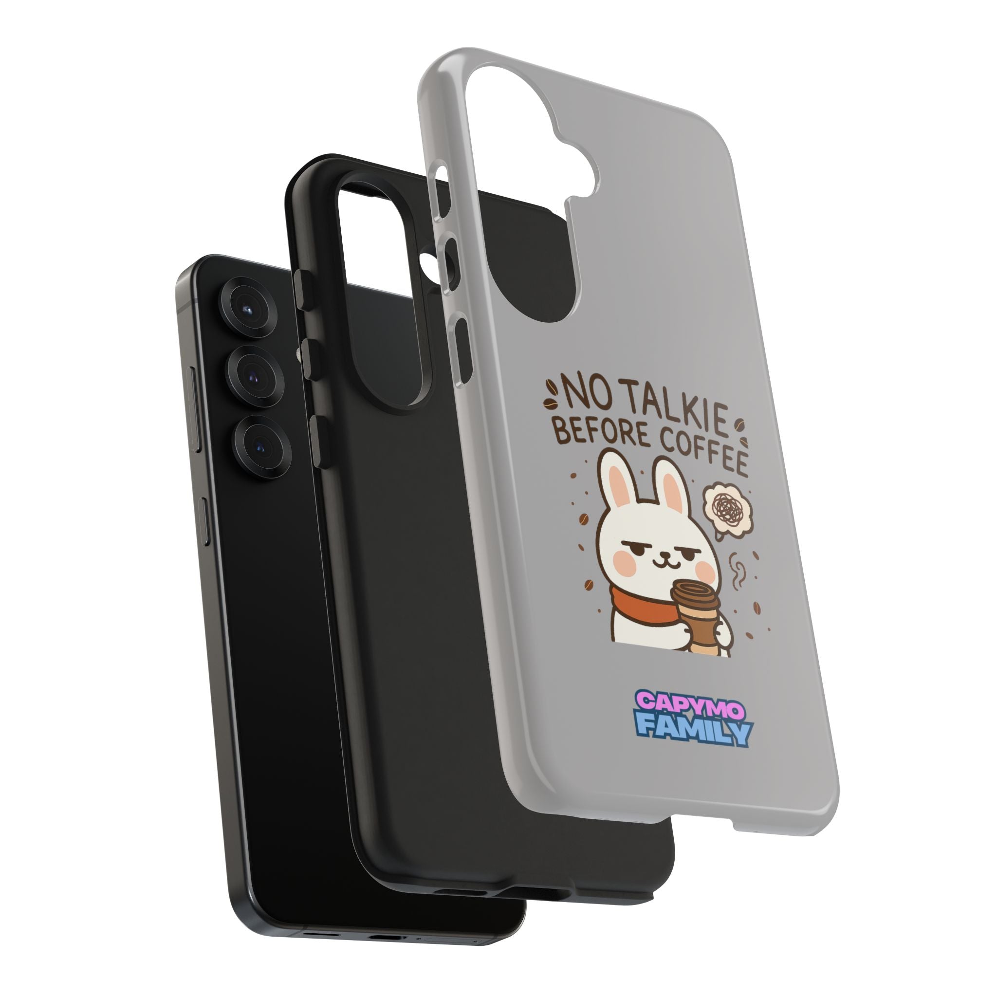 Capymo Family “No Talkie Before Coffee” Phone Case – Grumpy Bunny Morning Mood