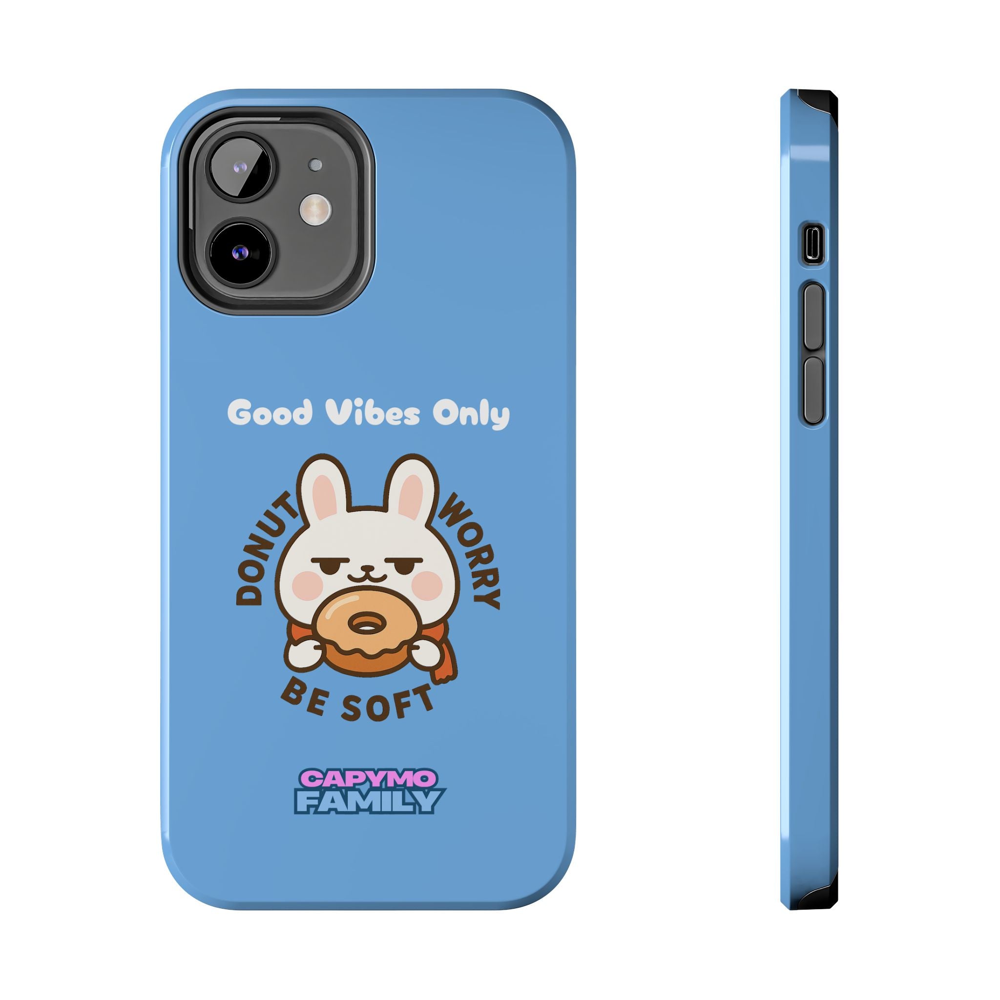 Capymo Family “Donut Worry, Be Soft” Phone Case – Cute Bunny & Donut Positive Vibes Cover