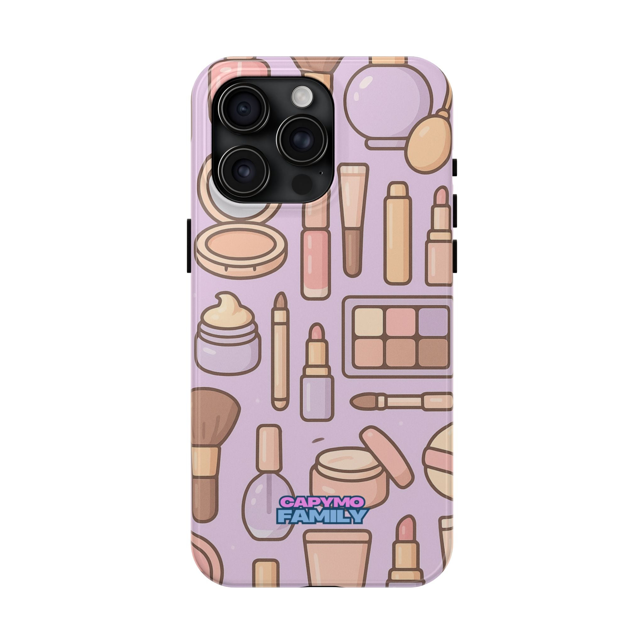 Capymo Family Kawaii Makeup Phone Case – Cute Girly iPhone Cover with Cosmetic Beauty Pattern