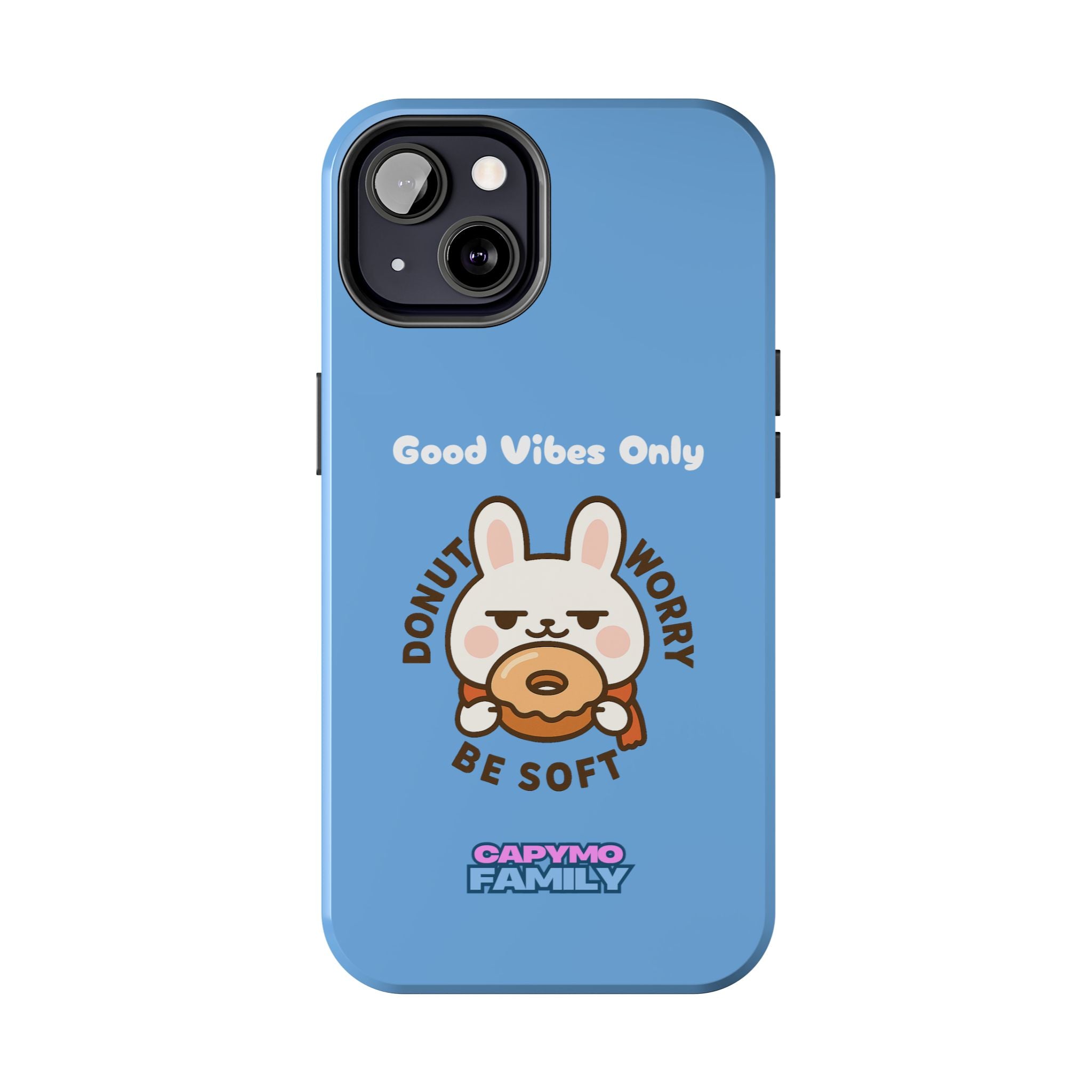 Capymo Family “Donut Worry, Be Soft” Phone Case – Cute Bunny & Donut Positive Vibes Cover