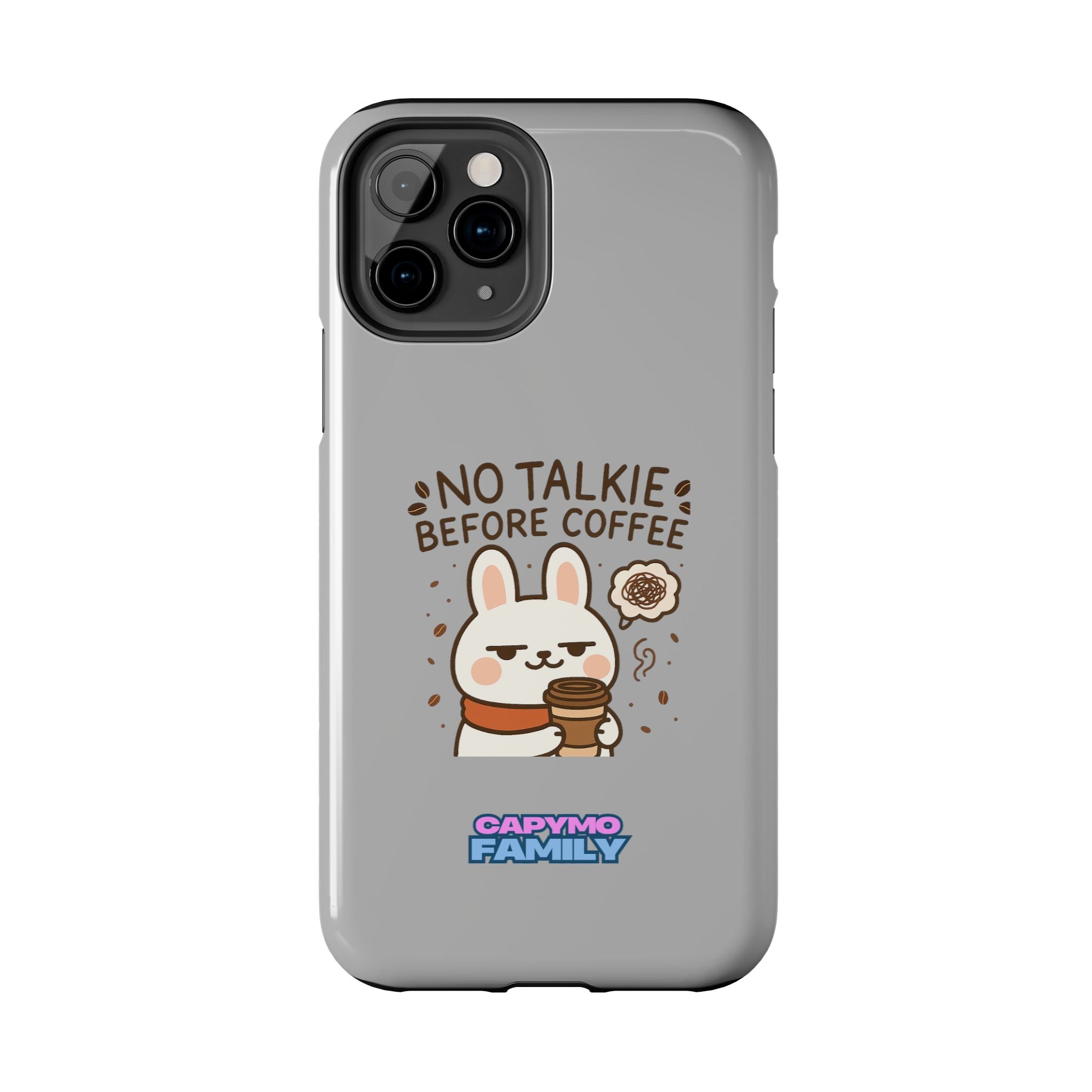 Capymo Family “No Talkie Before Coffee” Phone Case – Grumpy Bunny Morning Mood