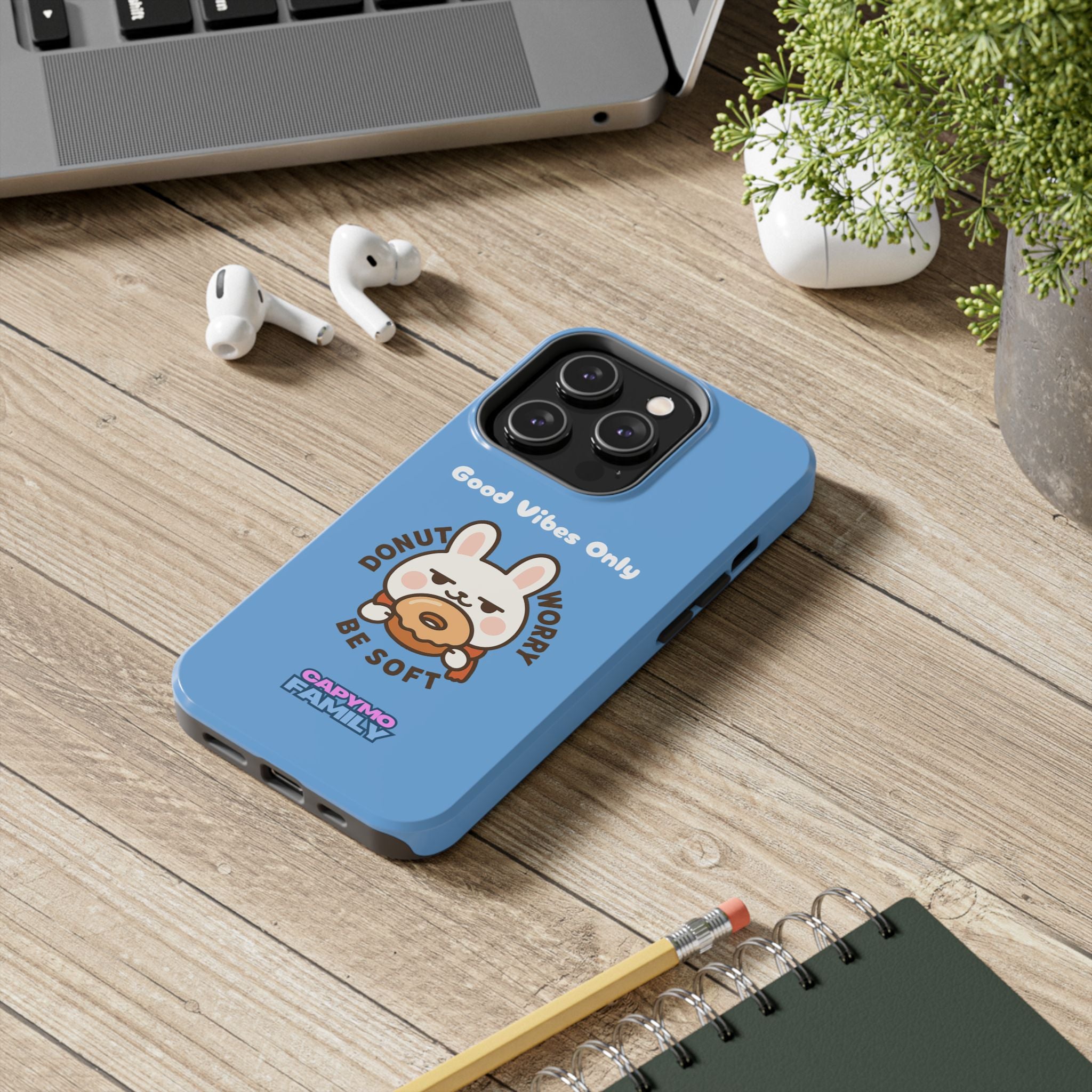 Capymo Family “Donut Worry, Be Soft” Phone Case – Cute Bunny & Donut Positive Vibes Cover