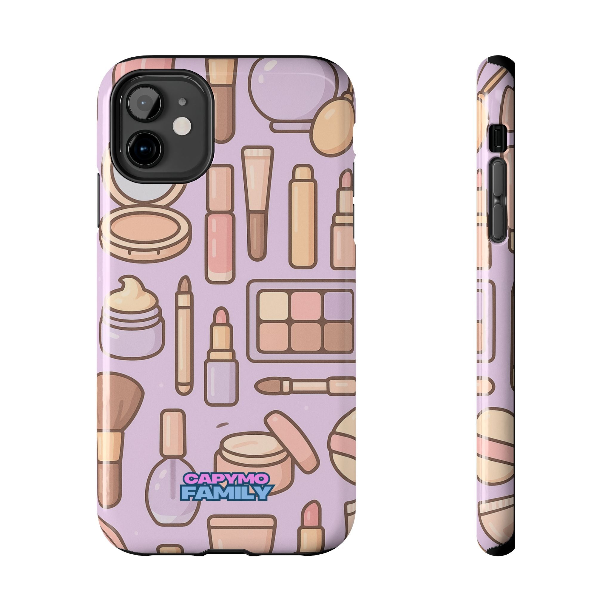 Capymo Family Kawaii Makeup Phone Case – Cute Girly iPhone Cover with Cosmetic Beauty Pattern