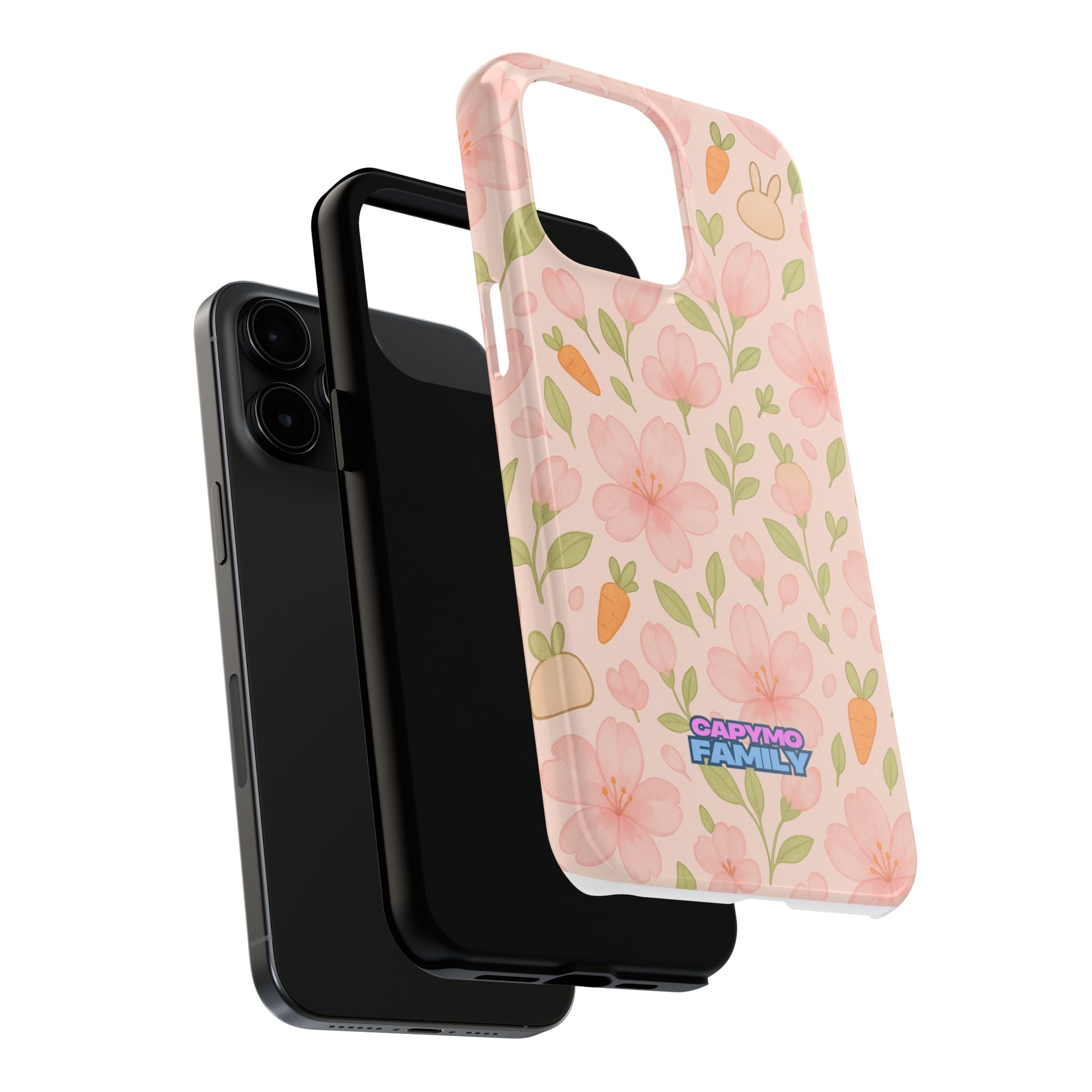 Capymo Family Bunny Blossom Spring Phone Case – Cute Floral iPhone Cover with Carrots & Sakura