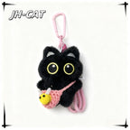 Kawaii Black Cat Keychain Plush – Cute Mini Kitty Bag Charm with Crochet Bee Pouch | 5 Colors