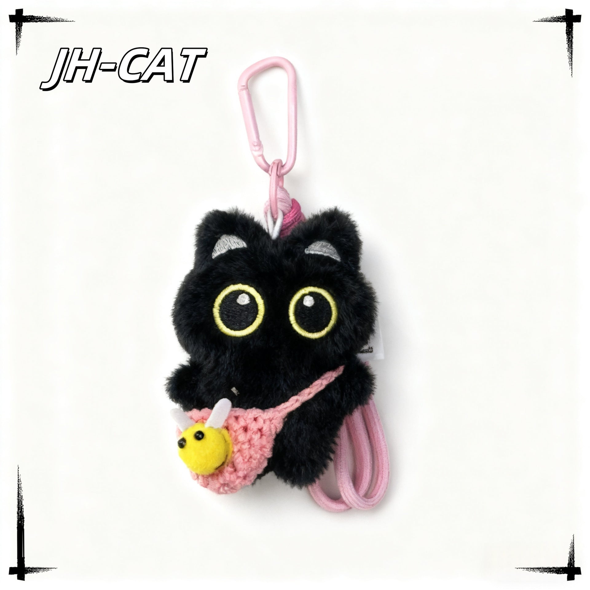 Kawaii Black Cat Keychain Plush – Cute Mini Kitty Bag Charm with Crochet Bee Pouch | 5 Colors
