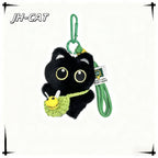 Kawaii Black Cat Keychain Plush – Cute Mini Kitty Bag Charm with Crochet Bee Pouch | 5 Colors