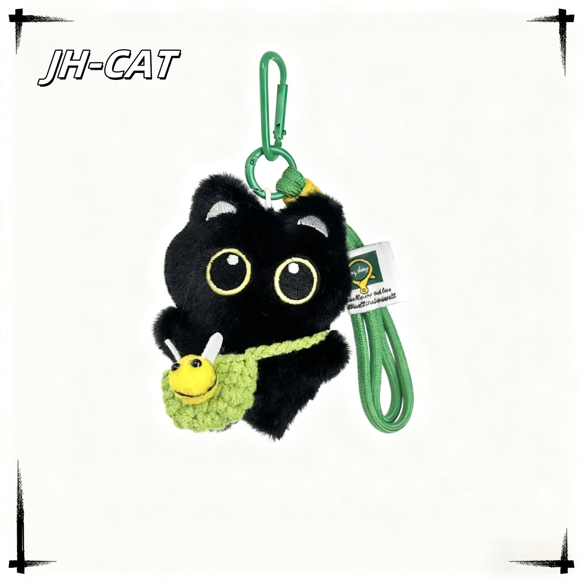 Kawaii Black Cat Keychain Plush – Cute Mini Kitty Bag Charm with Crochet Bee Pouch | 5 Colors