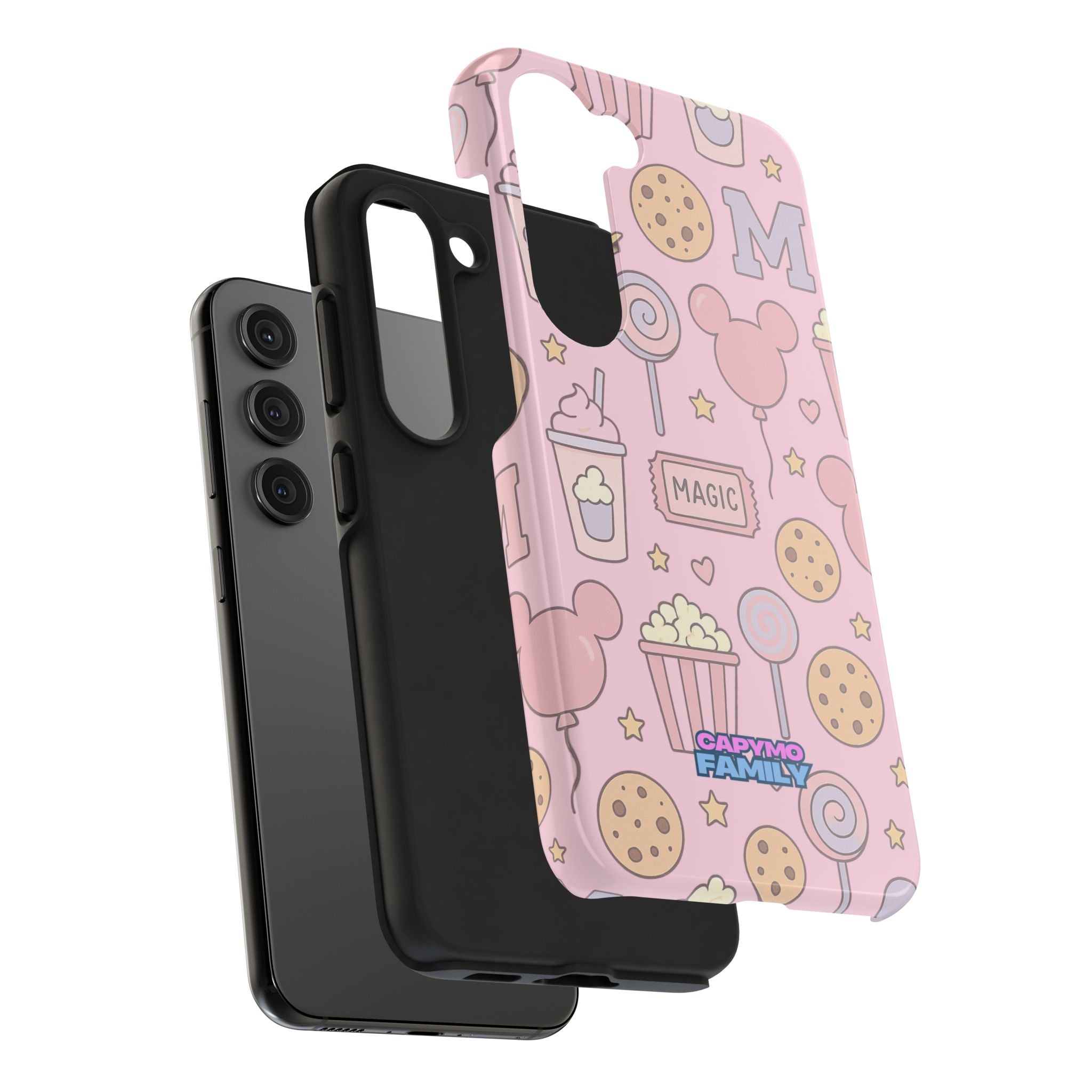 Capymo Family Kawaii Magic Snack Phone Case – Pastel Candy, Popcorn & Cookie Pattern Cover