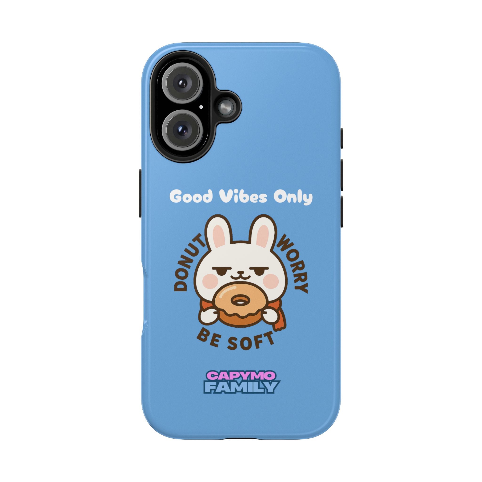 Capymo Family “Donut Worry, Be Soft” Phone Case – Cute Bunny & Donut Positive Vibes Cover