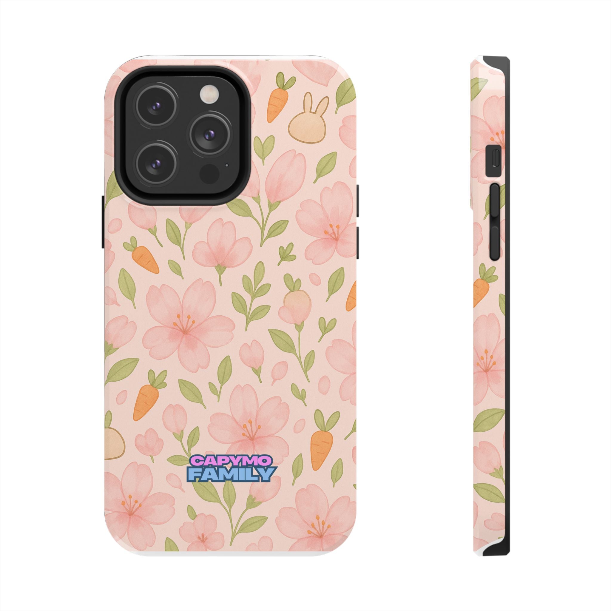 Capymo Family Bunny Blossom Spring Phone Case – Cute Floral iPhone Cover with Carrots & Sakura