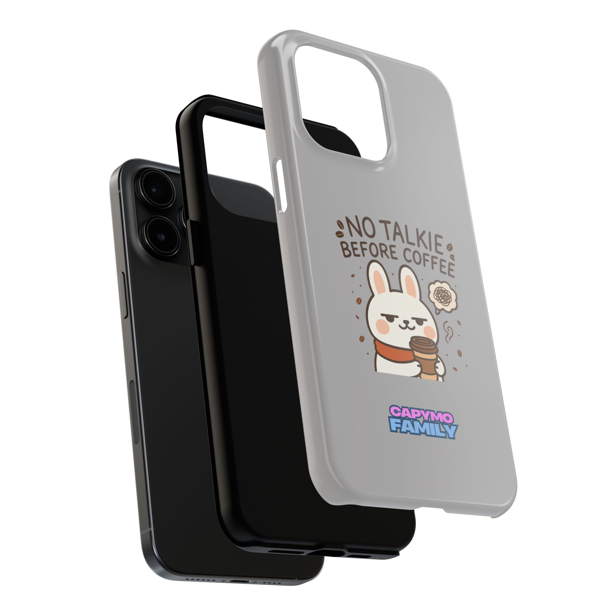 Capymo Family “No Talkie Before Coffee” Phone Case – Grumpy Bunny Morning Mood