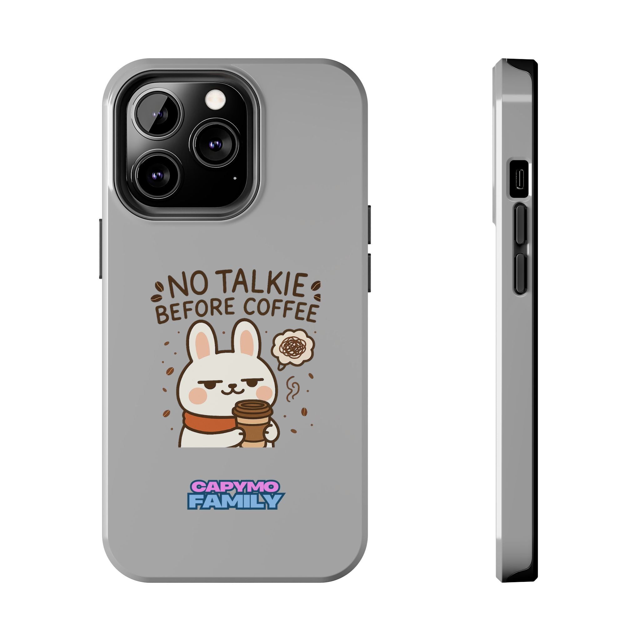 Capymo Family “No Talkie Before Coffee” Phone Case – Grumpy Bunny Morning Mood