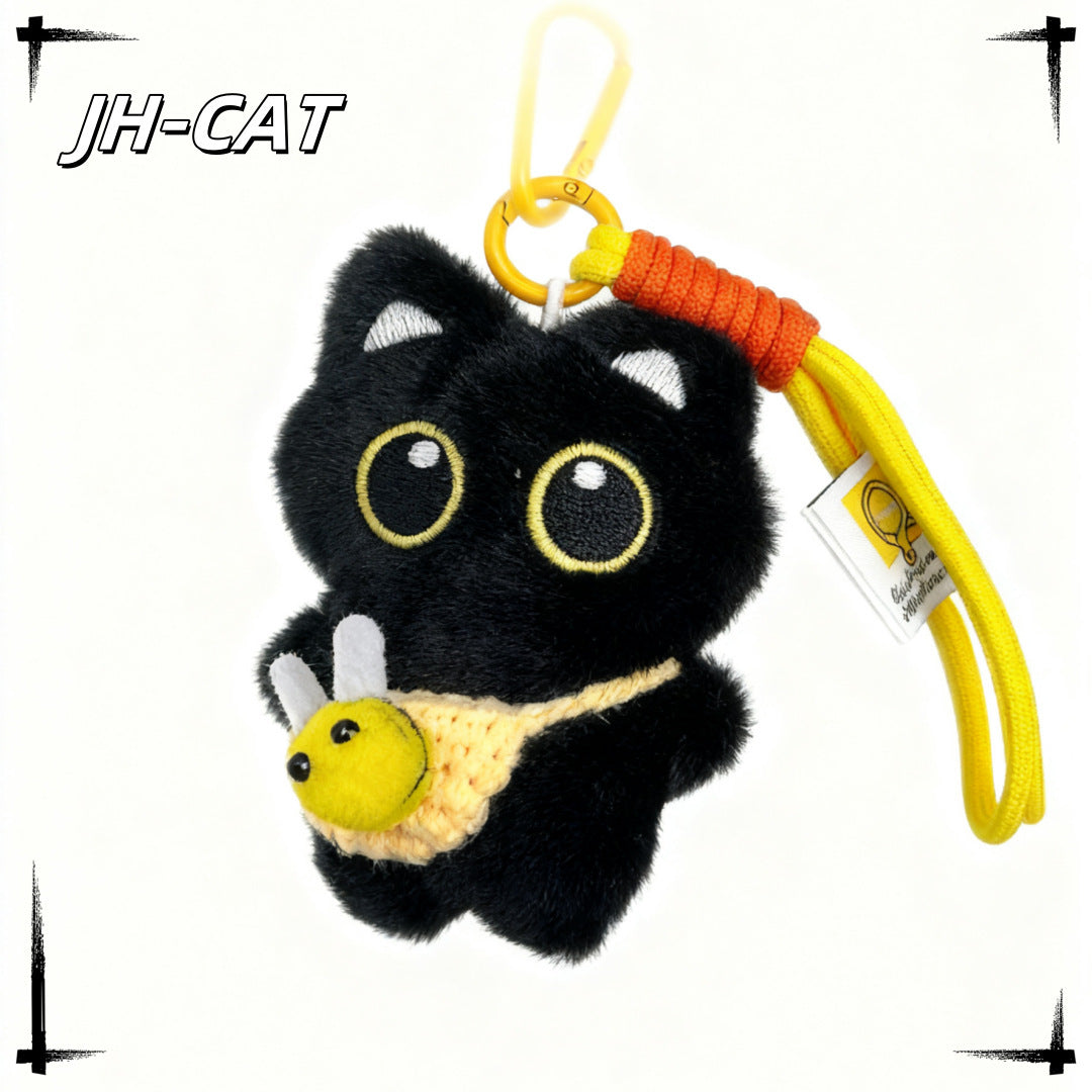 Kawaii Black Cat Keychain Plush – Cute Mini Kitty Bag Charm with Crochet Bee Pouch | 5 Colors