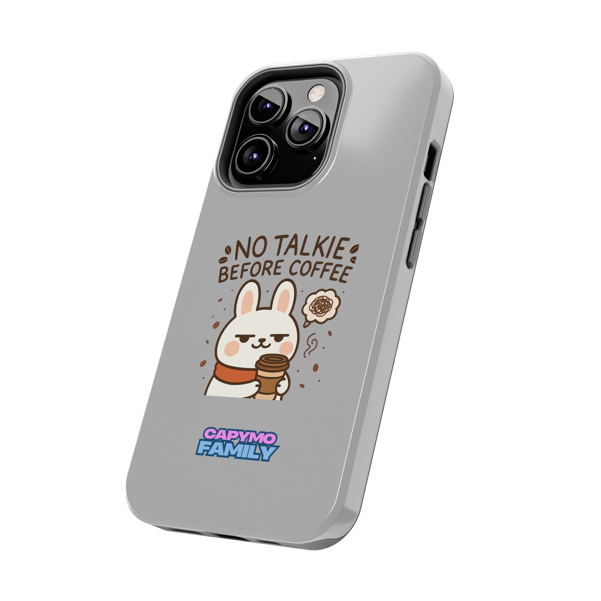 Capymo Family “No Talkie Before Coffee” Phone Case – Grumpy Bunny Morning Mood