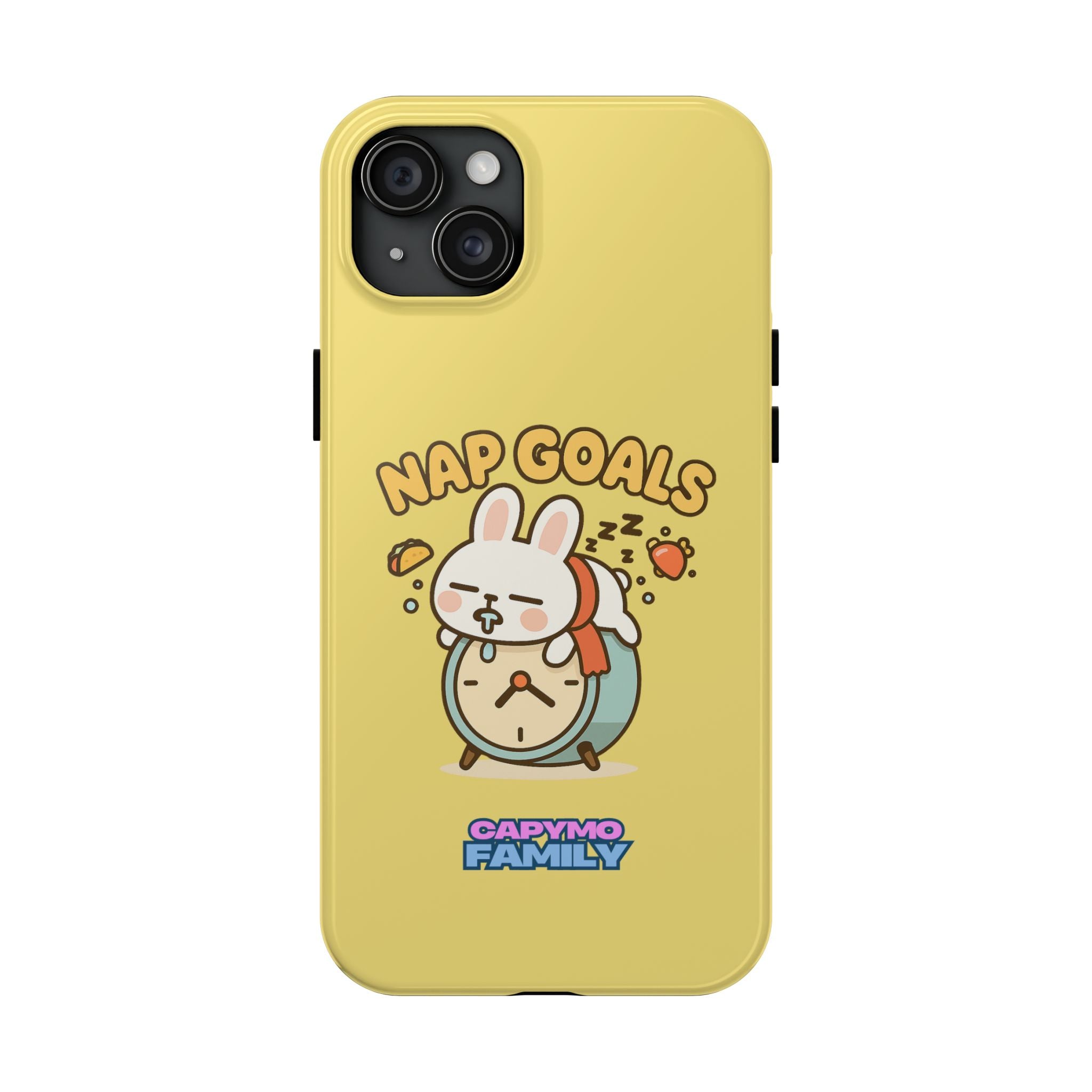Capymo Family “Nap Goals” Phone Case – Cute Bunny Toto Sleeping on Alarm Clock Cover
